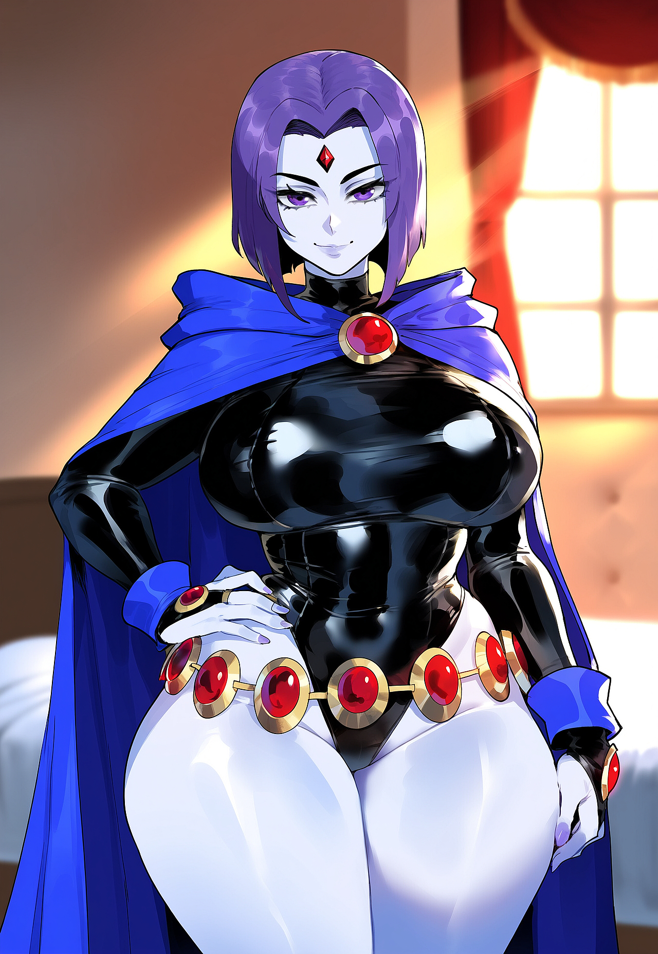 1girls, ai generated, ass, big breasts, breasts, child bearing hips, dc, dc comics, enormous breasts, female, female focus, huge ass, huge breasts, juuicyai, large breasts, light skin, light-skinned female, looking at viewer, looking pleasured, purple eyes, purple hair, raven (dc), short hair, thick thighs, thighs, twintails, wide hips