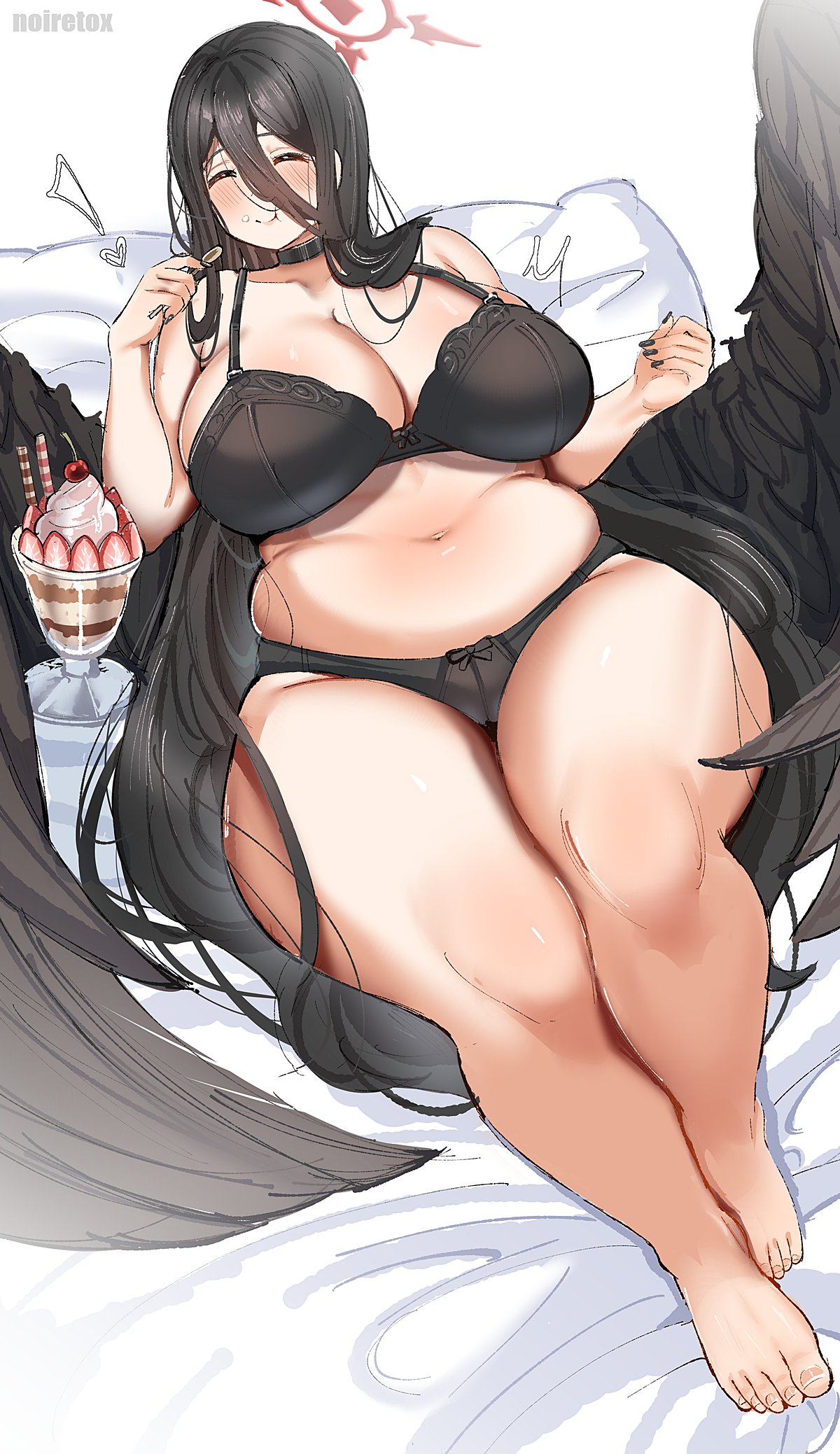 1girls, bed, blue archive, bra, breasts, chubby, chubby female, cleavage, eating, female, female only, hasumi (blue archive), huge breasts, lingerie, noiretox, on back, solo, solo female, thick thighs, voluptuous, wide hips