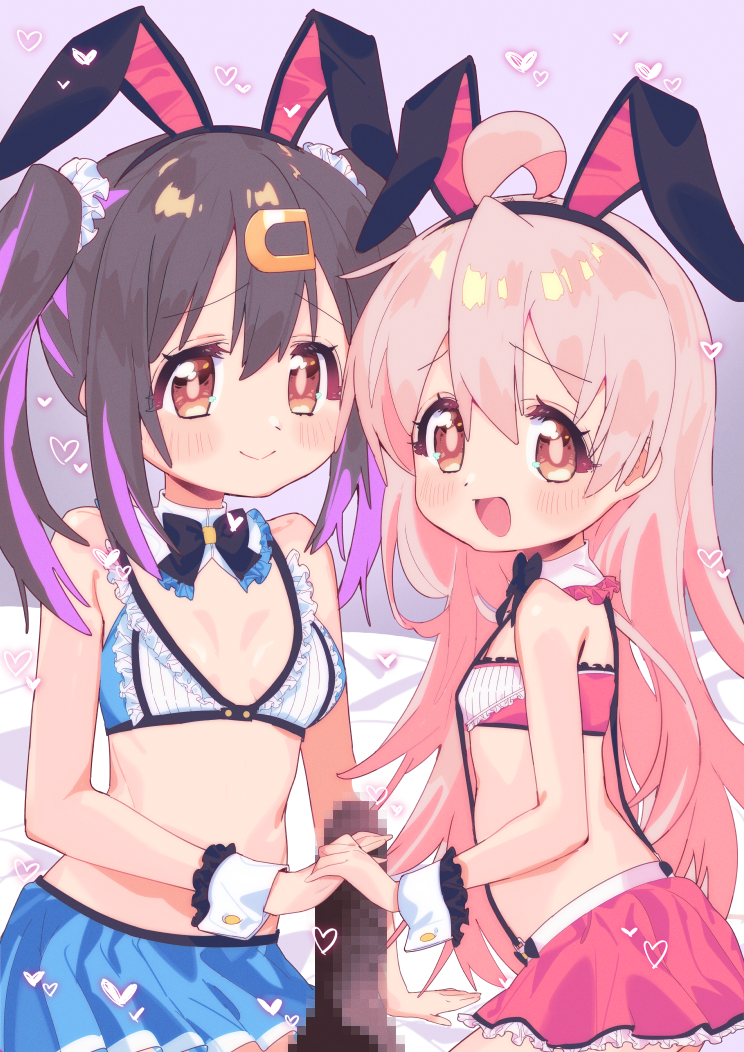 1boy 2girls :d ahoge animal_ear_hairband animal_ears bare_arms bare_shoulders bed_sheet black_bow black_bowtie black_hair black_hairband blue_skirt blush bow bowtie breasts brown_eyes censored commentary_request detached_collar fake_animal_ears female flat_chest frilled_skirt frills hair_between_eyes hair_ornament hair_scrunchie hairband hairclip hand_to_hand handjob heart long_hair male miniskirt mochitsuki_kagami mosaic_censoring multicolored_hair multiple_girls official_alternate_costume onii-chan_wa_oshimai! open_mouth oyama_mahiro oyama_mihari paid_reward_available penis pink_hair pink_skirt purple_hair rabbit_ears scrunchie siblings sisters skirt small_breasts smile suspender_skirt suspenders twintails two-tone_hair very_long_hair white_scrunchie wrist_cuffs young