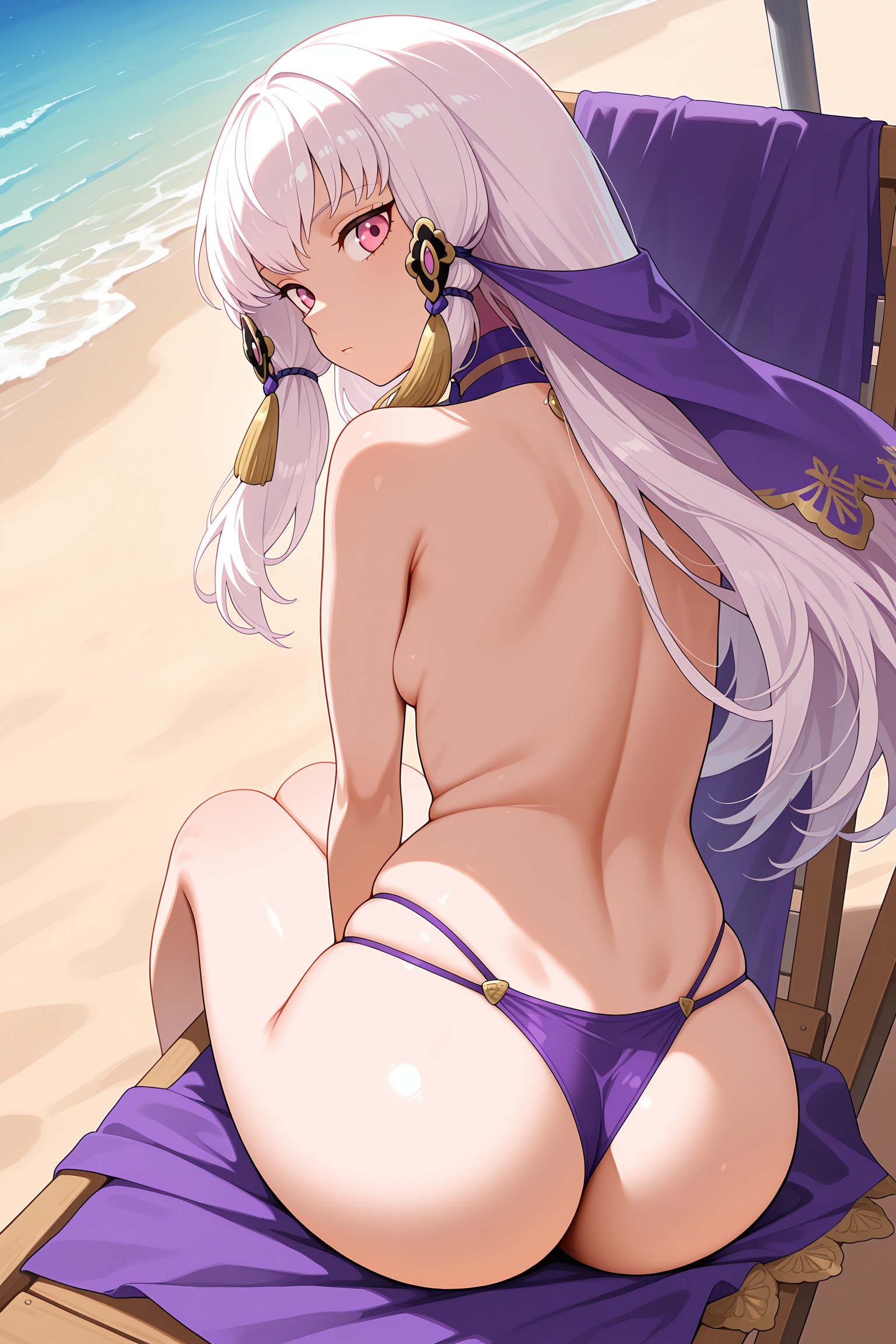 ai generated, ass, back, backboob, bare shoulders, beach, beach chair, bikini, bikini bottom only, breasts, chair, choker, closed mouth, day, female, fire emblem, from behind, hair ornament, long hair, looking at viewer, looking back, lysithea von ordelia, median furrow, noblewoman, ocean, outdoors, pink eyes, purple bikini, purple choker, sand, sideboob, sidelocks, sitting, skindentation, small breasts, solo, swimsuit, thighs, thong, thong bikini, topless, veil, water, white hair