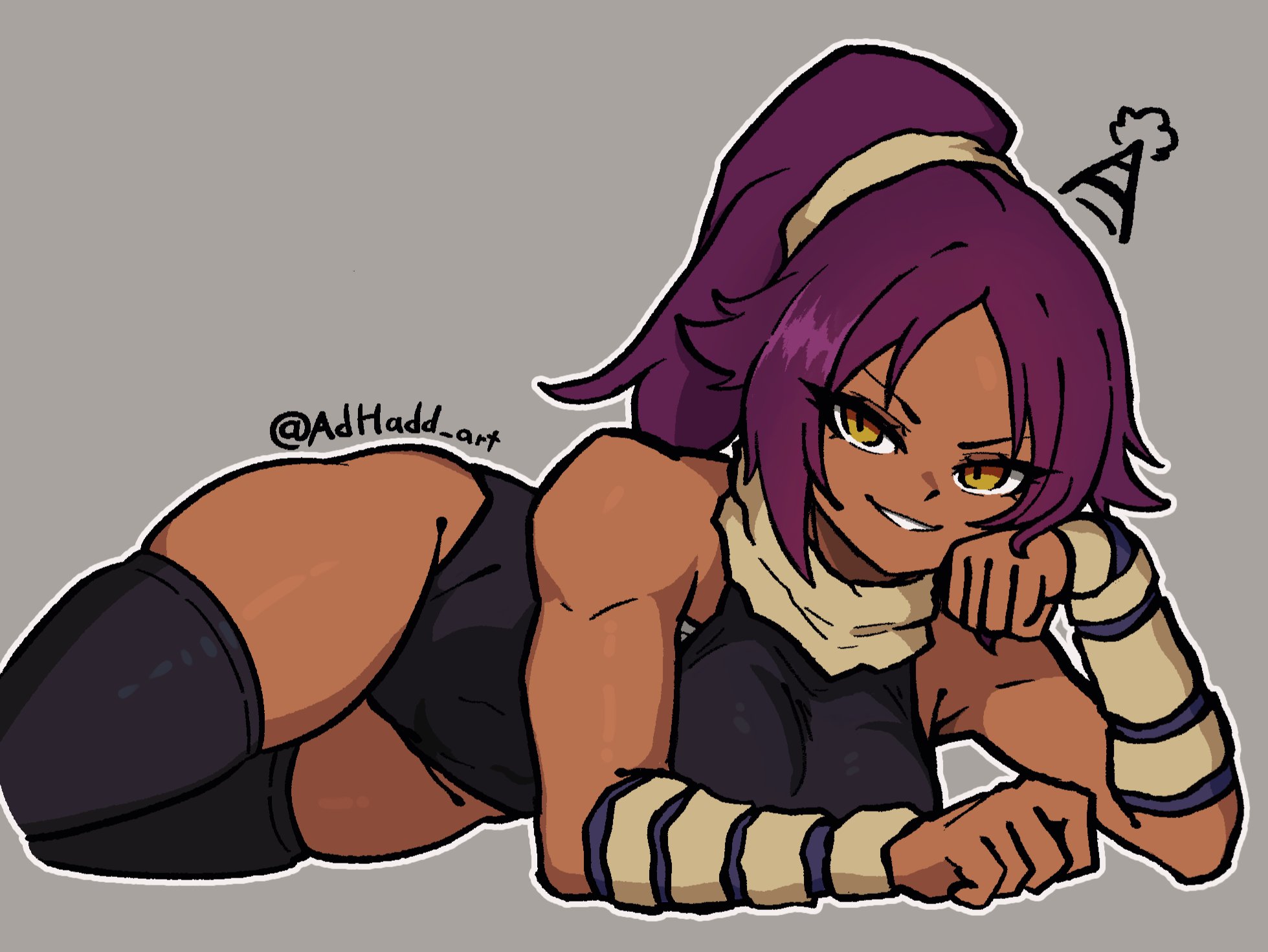 1girls, bleach, clothed, dark skin, dark-skinned female, female, female only, laying on side, paradisevel, purple hair, shihouin yoruichi, skindentation, solo, thick thighs