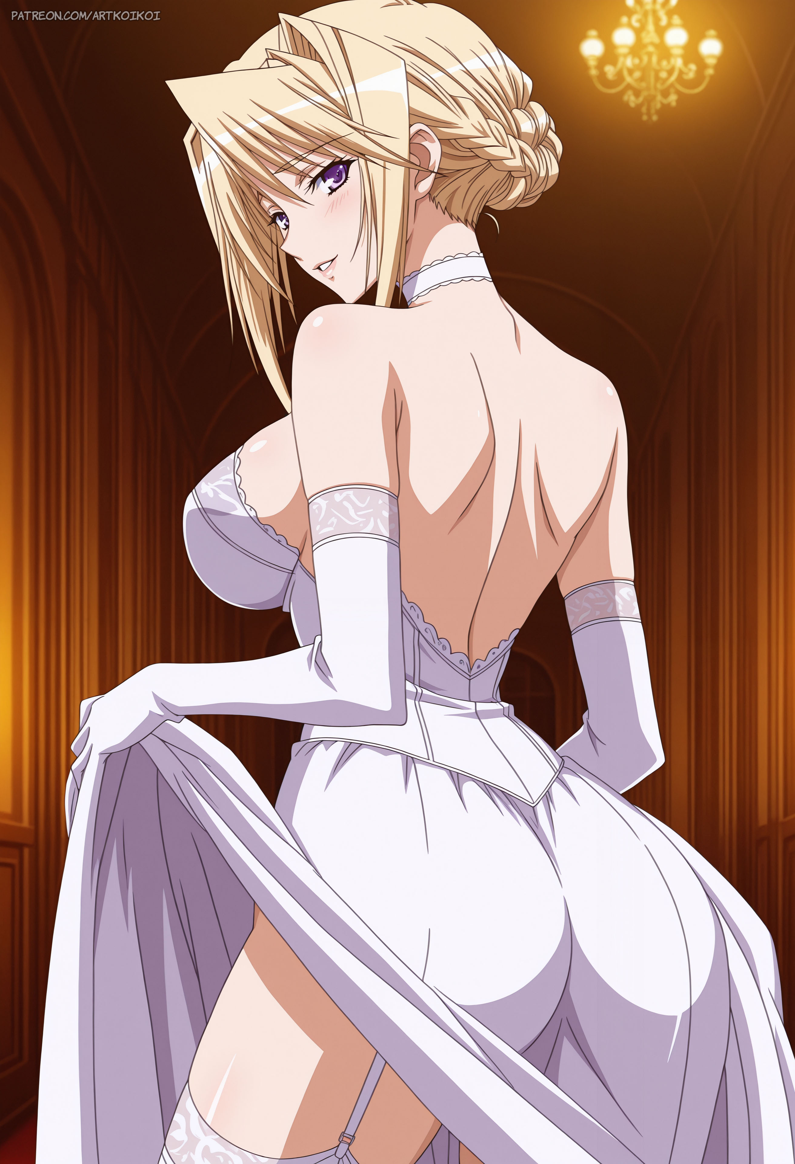 ai generated, artkoikoi, asian, asian female, back view, big breasts, blonde hair, breasts, bridal gauntlets, bride, choker, cleavage, dress, elbow gloves, elegant, elegant dress, female, garter belt, garter straps, hair up, highres, hourglass figure, lifting skirt, looking at viewer, patreon, patreon username, princess lover, purple eyes, silvia van hossen, stockings, tied hair, wedding dress, wedding lingerie