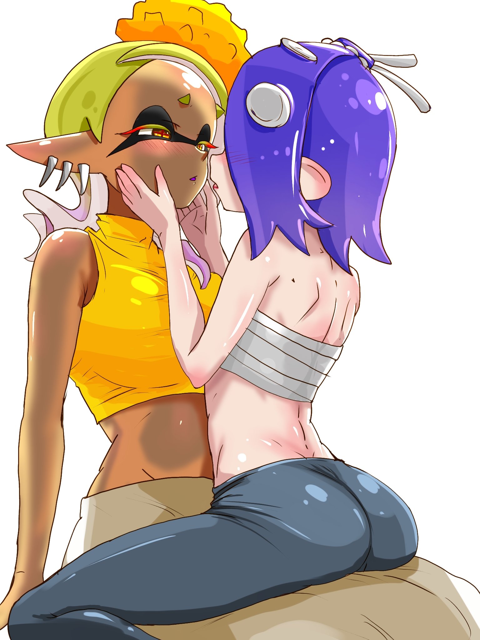 2d (artwork), 2girls, about to kiss, ass, blue hair, blush, blushing, breast bandage, breasts, chocolate and vanilla, clothed, clothed female, clothing, dark skin, dark-skinned female, digital drawing (artwork), digital media (artwork), female, female focus, female only, female/female, frye (splatoon), frye onaga, fully clothed, fully clothed female, hands on cheeks, inkling, interracial, interracial yuri, light skin, light-skinned female, looking at another, looking at partner, nintendo, octoling, octoling on inkling, sarashi, shiver (splatoon), shiver hohojiro, sitting on lap, sitting on person, splatoon, splatoon (series), splatoon 3, staring, t2ukmyjm, tentacle hair, twitter link, twitter username, yellow hair, yuri