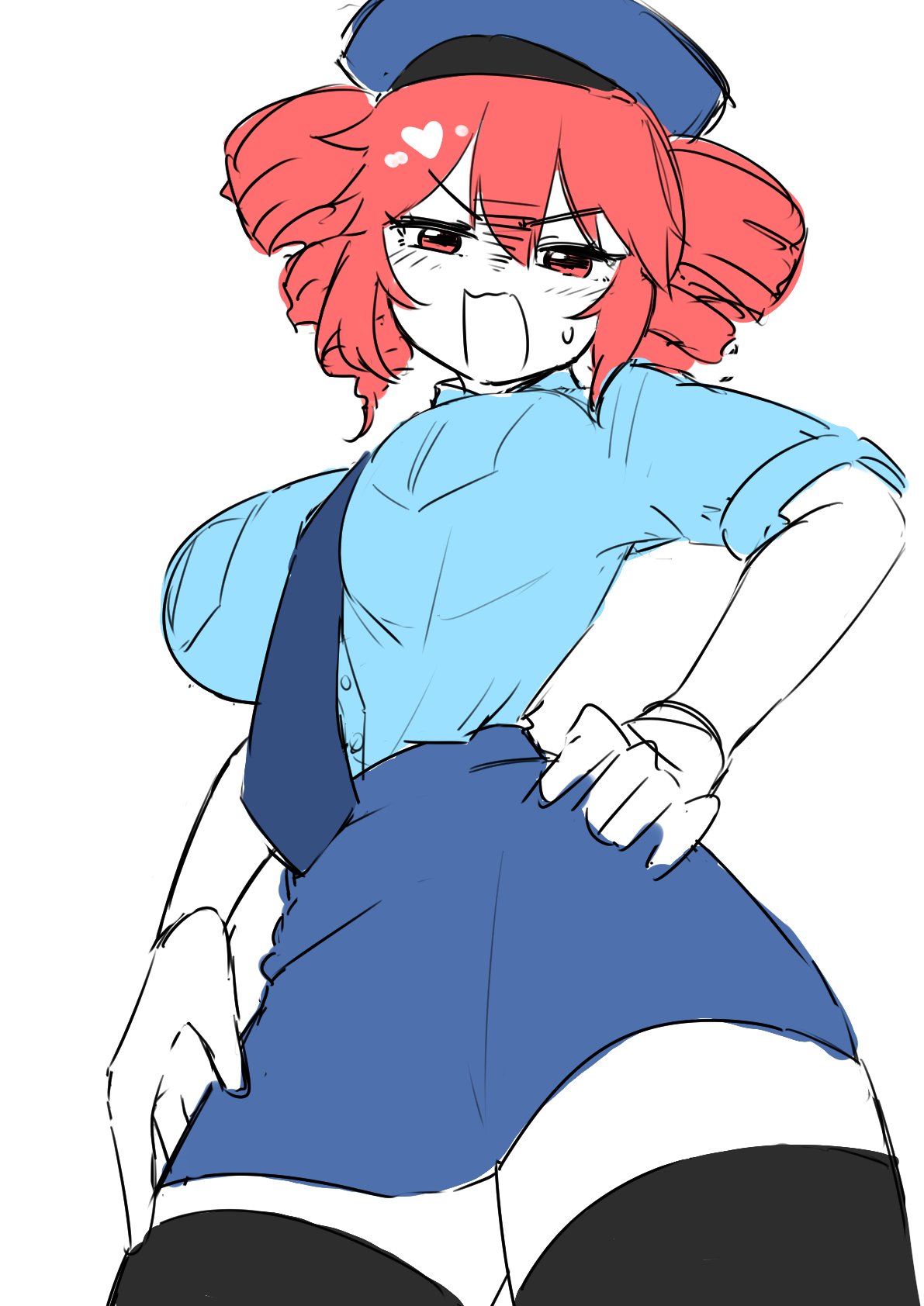 1girls, 2d, 2d (artwork), absolute territory, angry, angry face, annoyed, annoyed expression, arched back, artist signature, belly, belt, big breasts, big thighs, black thighhighs, blush, breasts, closed mouth, clothed, clothed female, clothing, colored sketch, cuffs, curvaceous, curvy, curvy female, curvy figure, dominant female, fat thighs, female, female only, femdom, frown, fully clothed, gigantic thighs, half-closed eyes, hand on hip, handcuffs, hat, heart, heart symbol, high waisted skirt, high-waist skirt, hips wider than shoulders, hourglass figure, huge breasts, huge thighs, kasane teto, large breasts, large thighs, looking at viewer, low-angle view, massive thighs, microskirt, miniskirt, necktie, open mouth, oshijuu748, pencil skirt, plump, plump thighs, police, police hat, police uniform, policewoman, posing, red eyes, red hair, shiny skin, simple background, skindentation, skirt, slim waist, solo, solo female, striped, sweat, sweatdrop, sweating, thick thighs, thigh squish, thighhighs, thighs, thighs bigger than head, thighs bigger than torso, twin drills, uniform, utau, voluptuous, voluptuous female, white background, wide hips, zettai ryouiki