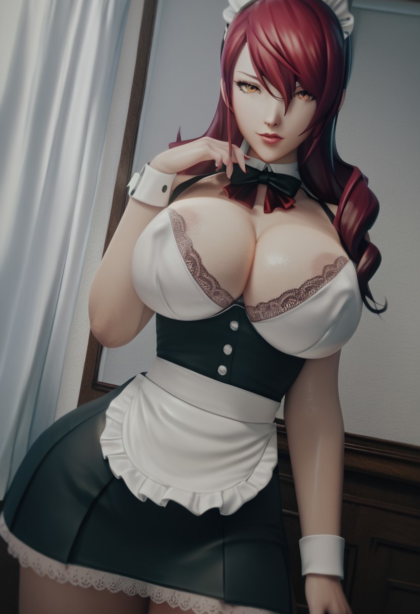 1girls, 3d, ai generated, big breasts, breasts, clothed, clothed female, curvy, curvy figure, exposed breasts, female, female only, huge breasts, light skin, light-skinned female, long hair, looking at viewer, maid, maid apron, maid headdress, maid uniform, mitsuru kirijo, persona, persona 3, persona 3 reload, red hair, red lipstick, sexy, skirt, sodaglow artist, solo, solo female, thick thighs