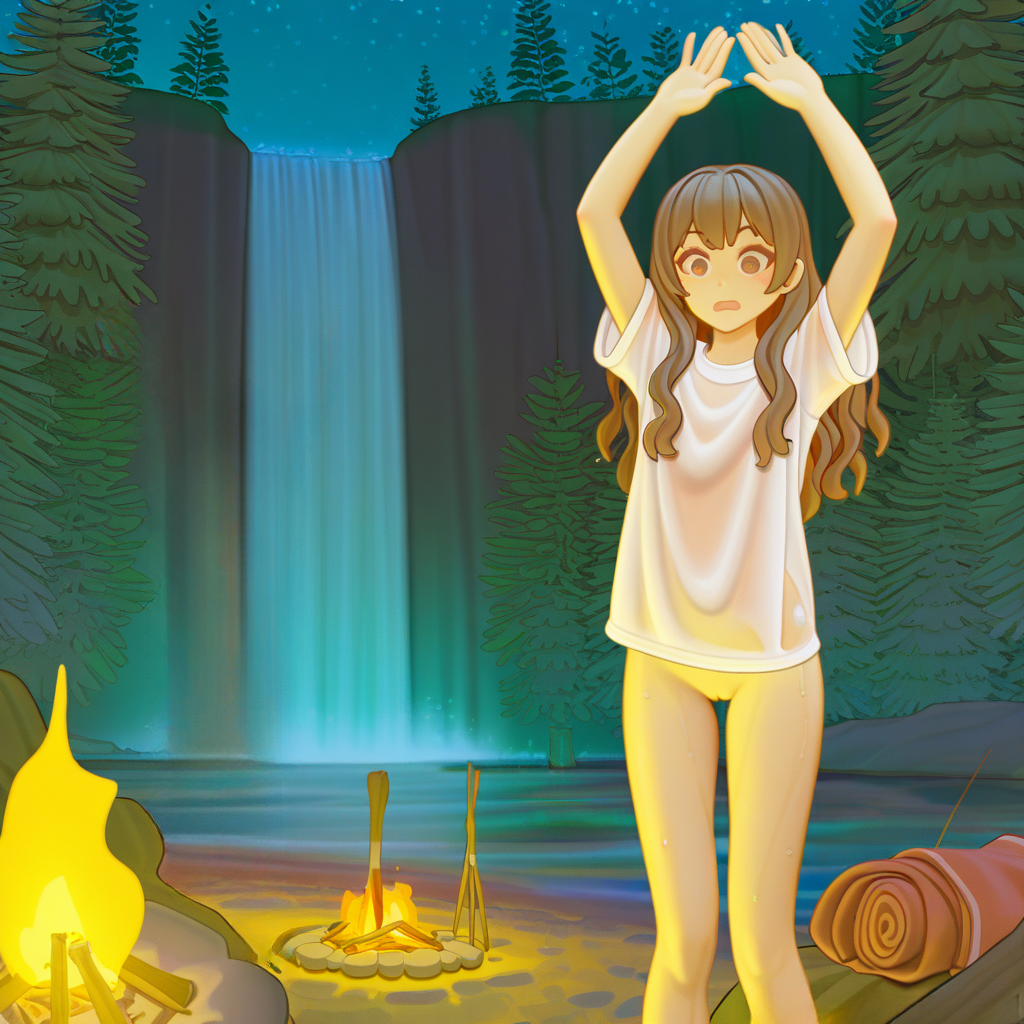 ai generated, alone, before rape, before sex, blush, bonfire, cute, embarrassed, embarrassed nude female, female, hands up, helpless, imminent rape, imminent sex, long hair, looking at viewer, mezrus, nature, nature background, shirt, shirt only, shy, tagme, transparent clothing, treat, waterfall, wet, wet body