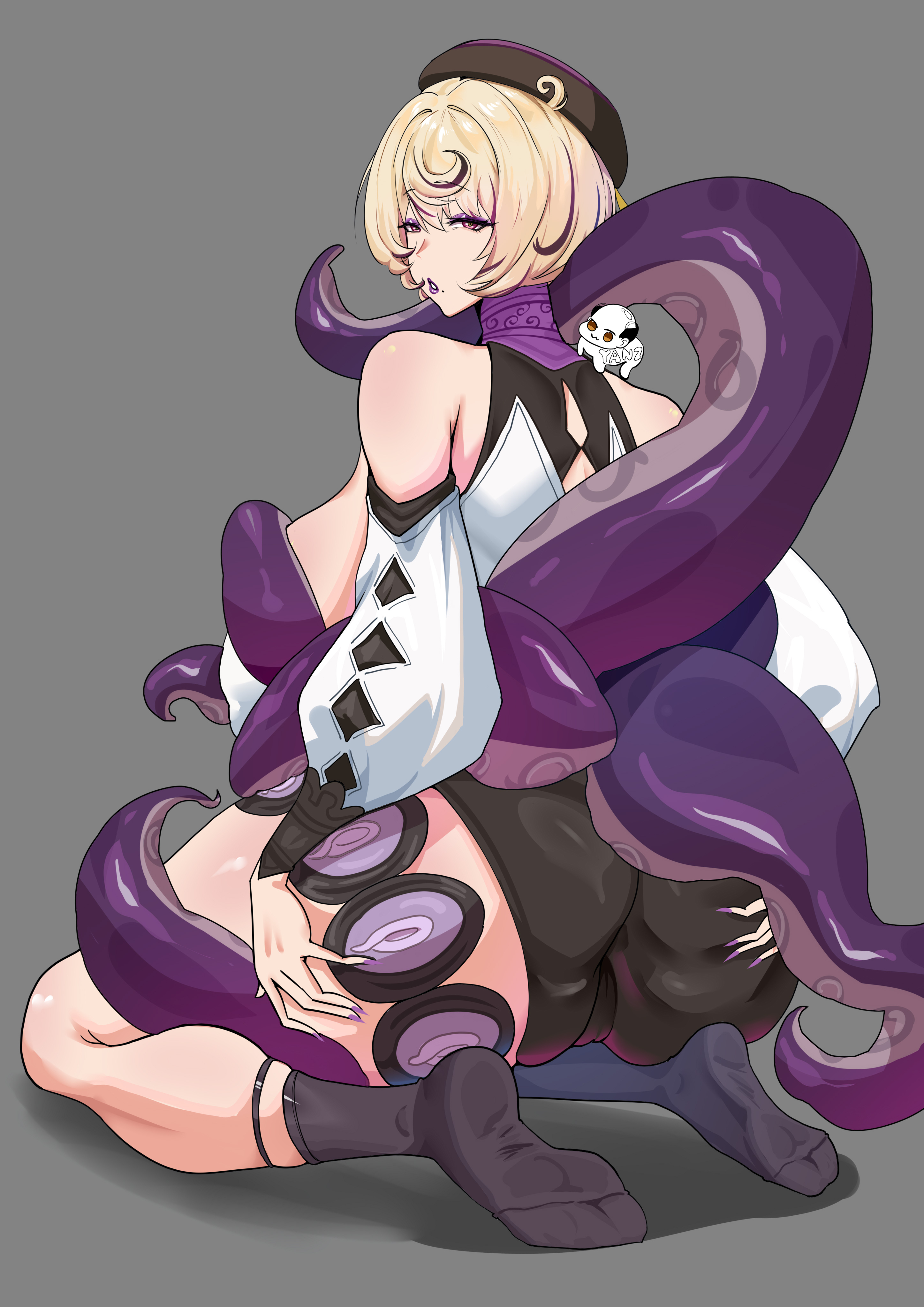 ass, ass grab, bare shoulders, beret, black headwear, black socks, blonde hair, breasts, cameltoe, detached sleeves, feet, female, female only, ferret, from behind, grabbing own ass, grey background, hat, highres, hoyoverse, huge ass, kneeling, looking at viewer, looking back, makeup, mole, mole under mouth, no shoes, purple eyes, purple lips, purple nails, short hair, shorts, simple background, sitting, socks, soles, solo, tentacle, thick thighs, thighs, yanz2, yidhari murphy, zenless zone zero
