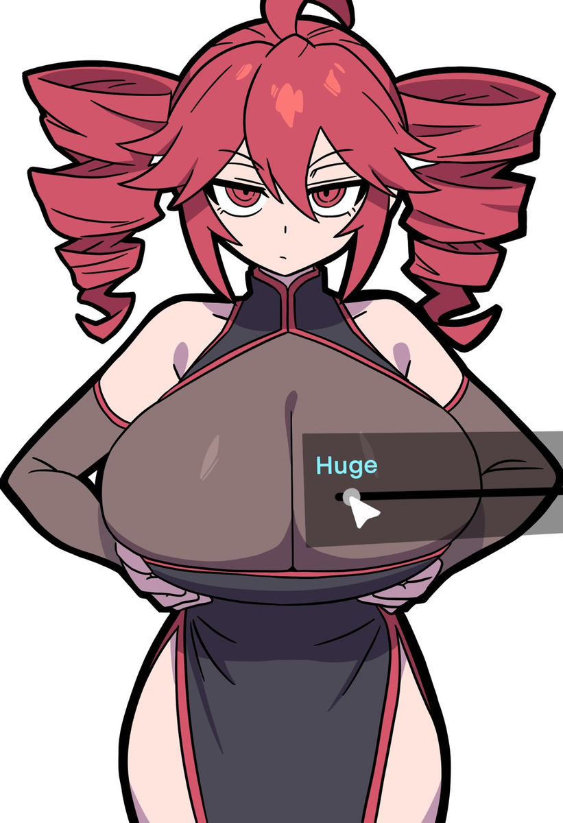 1girls, 2d, 2d (artwork), ahoge, alicesz, armwear, bare shoulders, bodysuit, breast lift, breast slider, breasts, cleavage, cleavage cutout, cleavage overflow, clothed, clothed female, clothing, curvaceous, curvy, curvy female, curvy figure, dress, expressionless, female, female only, fully clothed, gigantic breasts, hands on breasts, holding breast, huge breasts, hyper breasts, kasane teto, large breasts, looking at viewer, massive breasts, red eyes, red hair, skindentation, slider, slider (control), solo, solo female, text, thick thighs, thighs, top heavy, twin drills, utau, white background