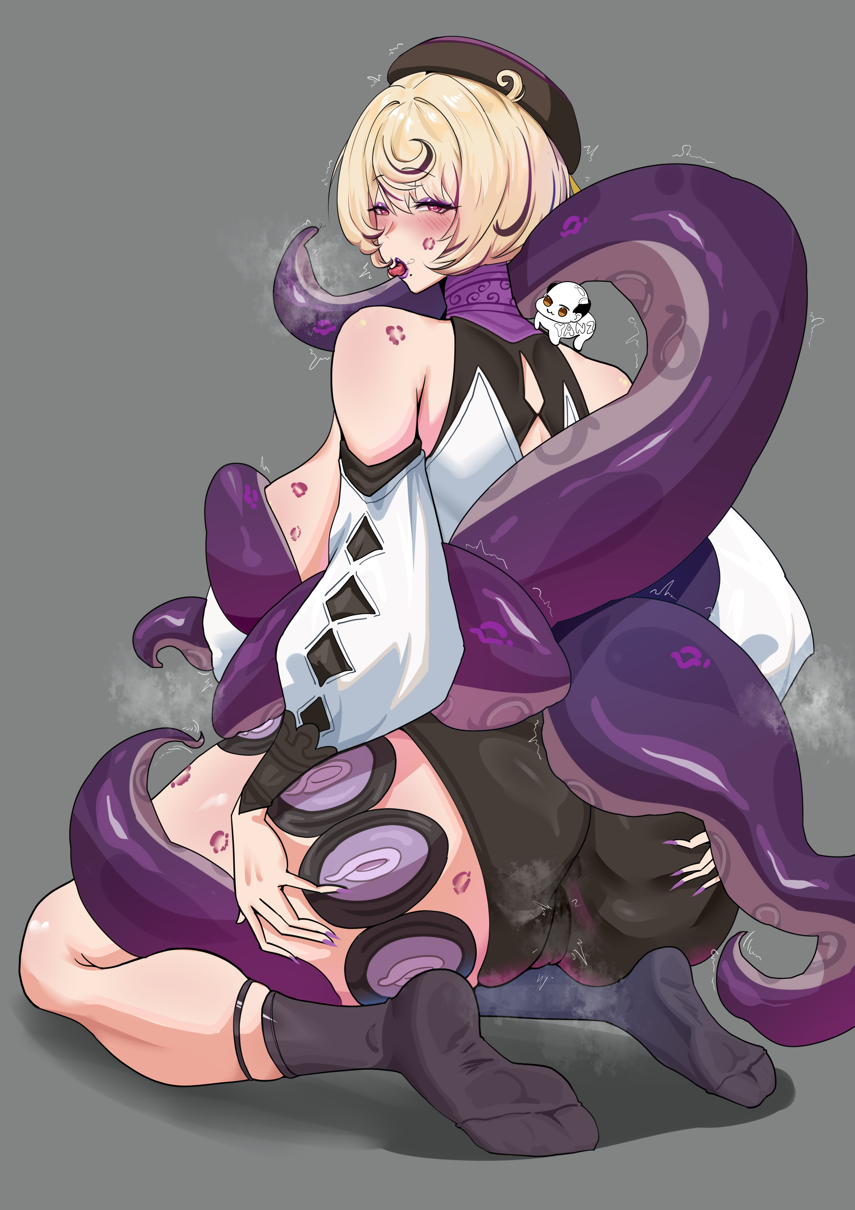 ass, ass grab, bare shoulders, beret, black headwear, black socks, blonde hair, blush, breasts, cameltoe, detached sleeves, feet, female, female only, from behind, grey background, hat, highres, hoyoverse, huge ass, large breasts, looking at viewer, looking back, no shoes, open mouth, purple eyes, purple nails, short hair, shorts, sitting, socks, soles, solo, steaming body, tentacle, thick thighs, thighs, tongue, tongue out, yanz2, yidhari murphy, zenless zone zero