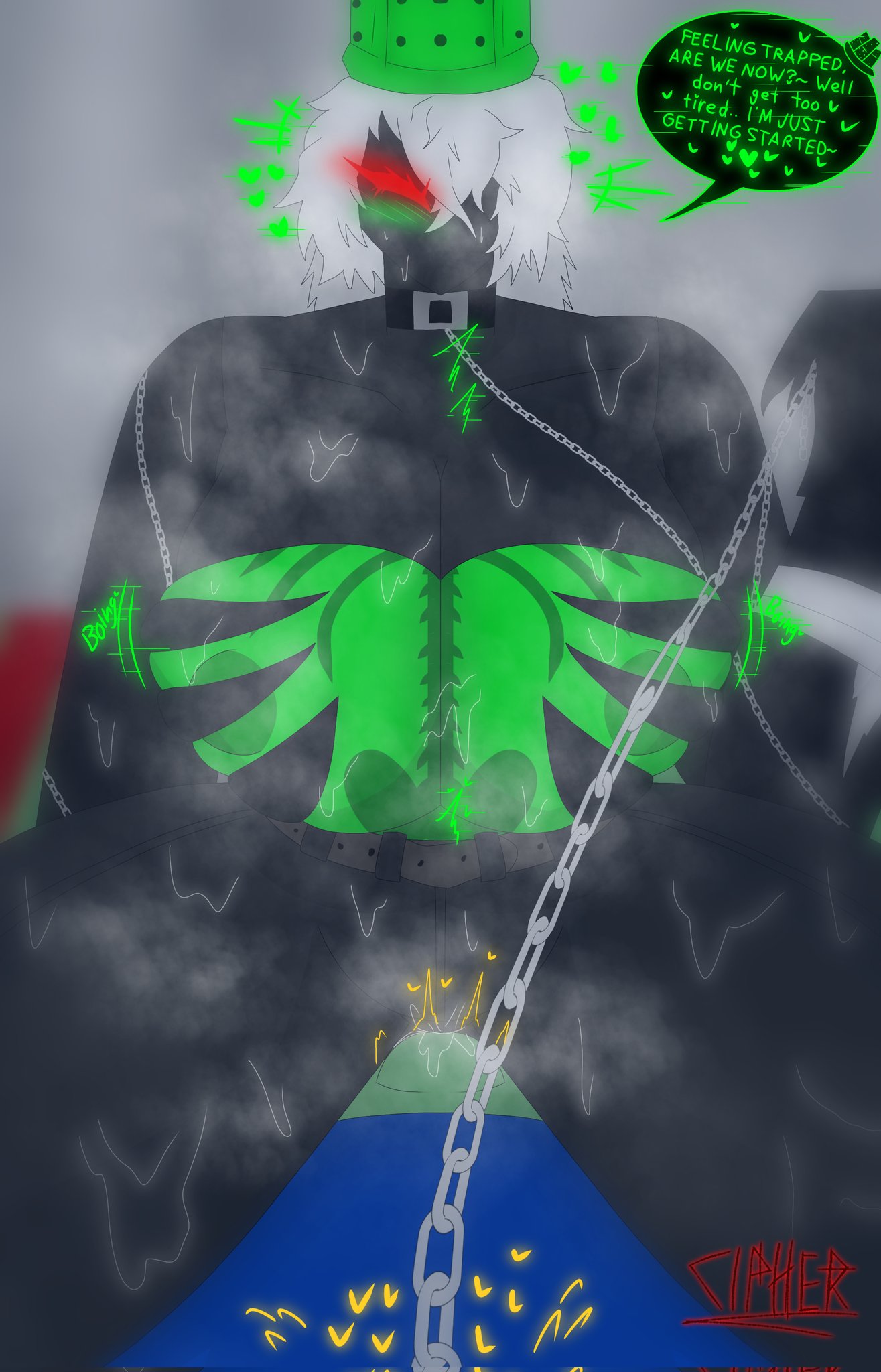1boy, 1girls, 1x1x1x1 (forsaken), almost naked, artist signature, background, betrayed 1x1x1x1, big breasts, blushing at viewer, breasts, bulge, chain around neck, chain leash, cipherpablo, clothing, dialogue, female, forsaken (roblox), grabbing chains, hearts around head, image, male, nipples, no sex (yet), noob (forsaken), noob (roblox), roblox, roblox game, robloxian, rule 63, source request, tagme, thighs