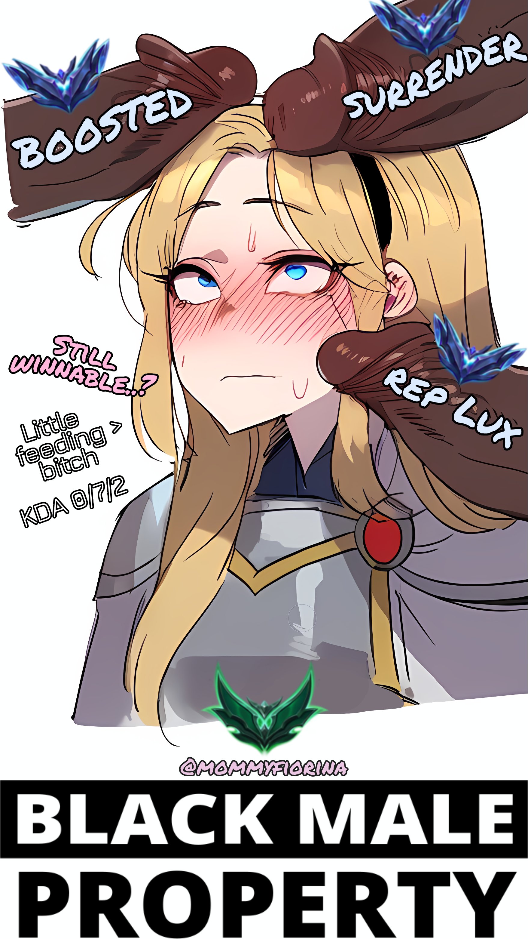 1girls, 3boys, ai generated, armor, armored female, big penis, blonde hair, blue eyes, blush, caption, dark penis, dark skin, dark-skinned male, female, fiorina, league of legends, looking at penis, luxanna crownguard, male, penis, scared, simple background, sweat, text