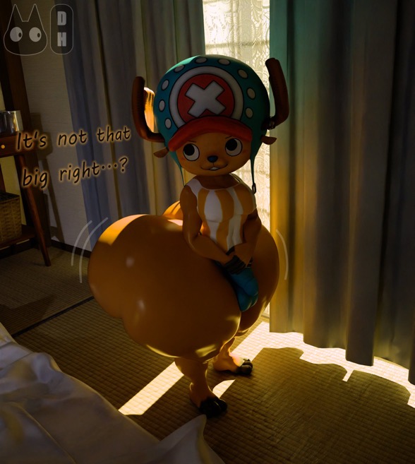 3d, 3d (artwork), 3d background, 3d model, 3d render, anthro, anthro only, antlers, ass, balls, big ass, blue nose, bottom heavy, bottomless, bottomless male, brim hat, bulge, chopper, clothing, ears down, english, english dialogue, english text, hat, hooves, looking up, male, male only, male shortstack, nose, one piece, penis, reindeer, shortstack, striped shirt, thick ass, thick thighs, tony tony chopper, topwear, totallyd