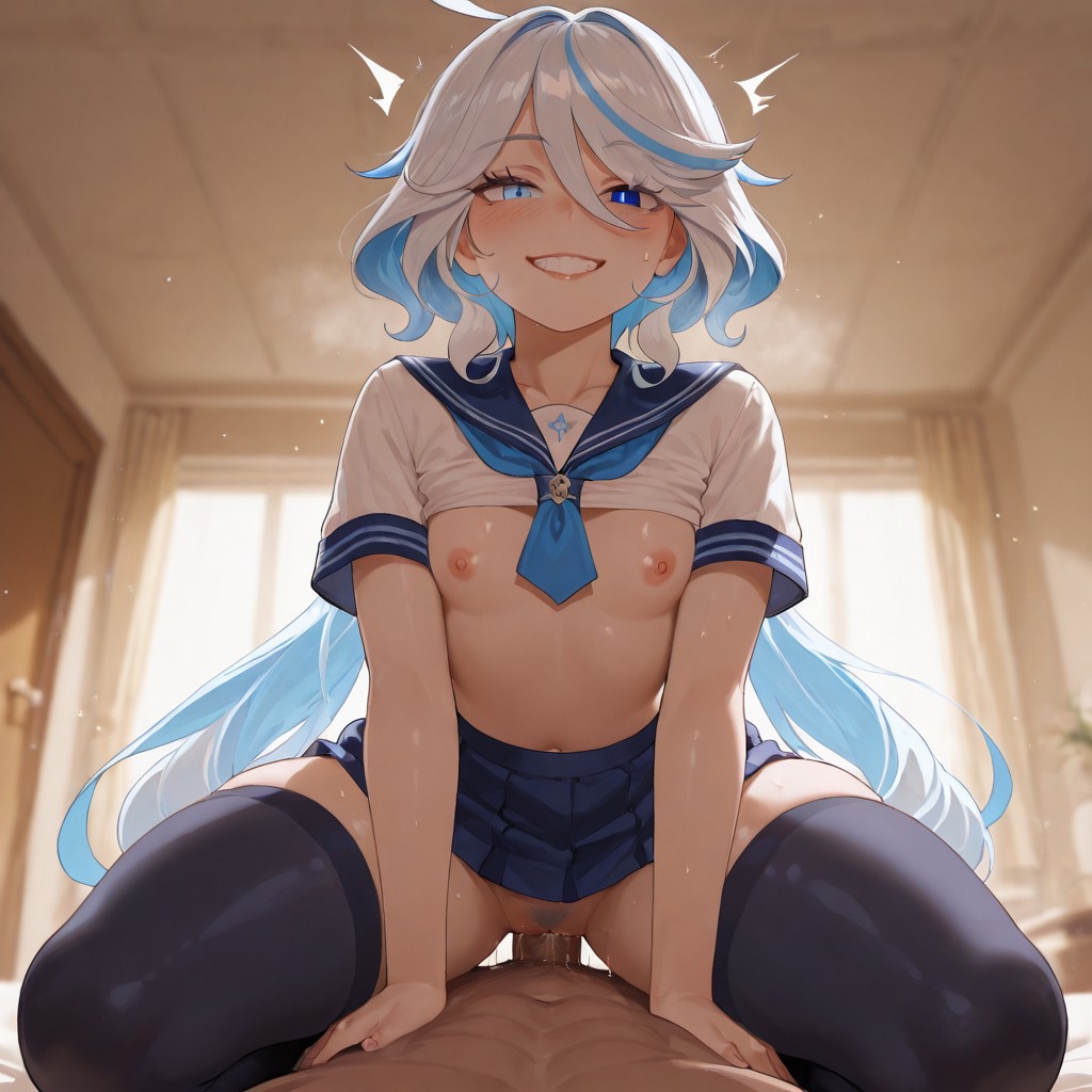 1boy, 1girls, ahoge, ai generated, breasts, clothed female nude male, cowgirl position, female, female pubic hair, furina (genshin impact), genshin impact, grin, heterochromia, hoyoverse, light skin, light-skinned female, light-skinned male, male, mihoyo, nipples, penis, pov, pubic hair, pussy, pussy juice, randomname881, riding, riding penis, school uniform, sex, skirt, skirt lift, small breasts, smile, stockings, thighhighs, two-tone hair, uncensored, white hair