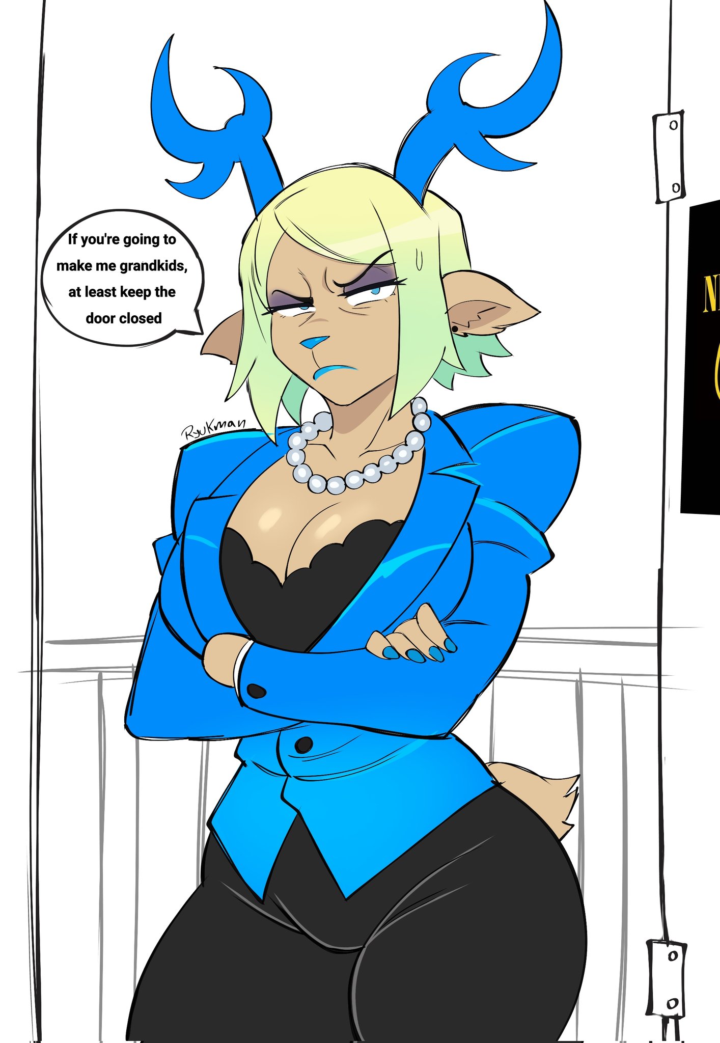 alternate version available, anthro, antlers, big breasts, blue lipstick, blue nails, breasts, carol holiday, closed mouth, deer, deer ears, deer girl, deer tail, deltarune, deltarune chapter 4, dialogue, english text, female, female only, furry, furry female, half-closed eyes, lipstick, medium hair, nervous, older female, questionable, ryukman, suggestive, suggestive look, tawman art, text version, undertale (series)