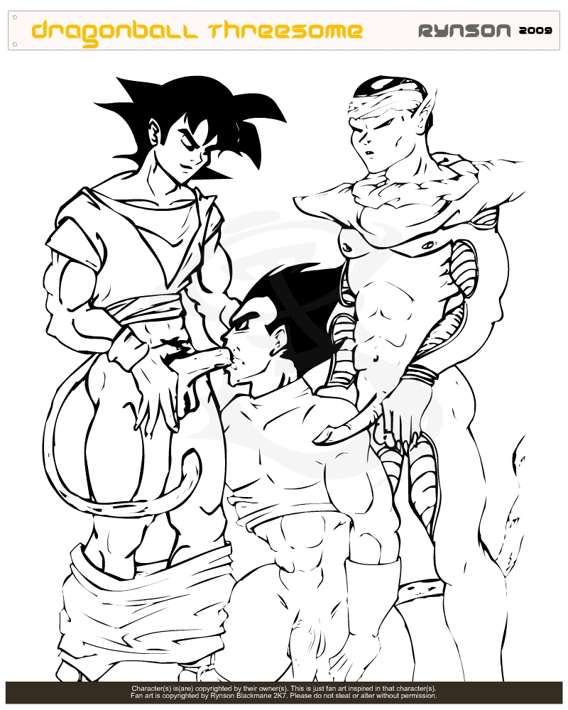 2009 3boys boner dragon_ball dragon_ball_z erection gay male male_only monochrome piccolo rynson son_goku vegeta yaoi