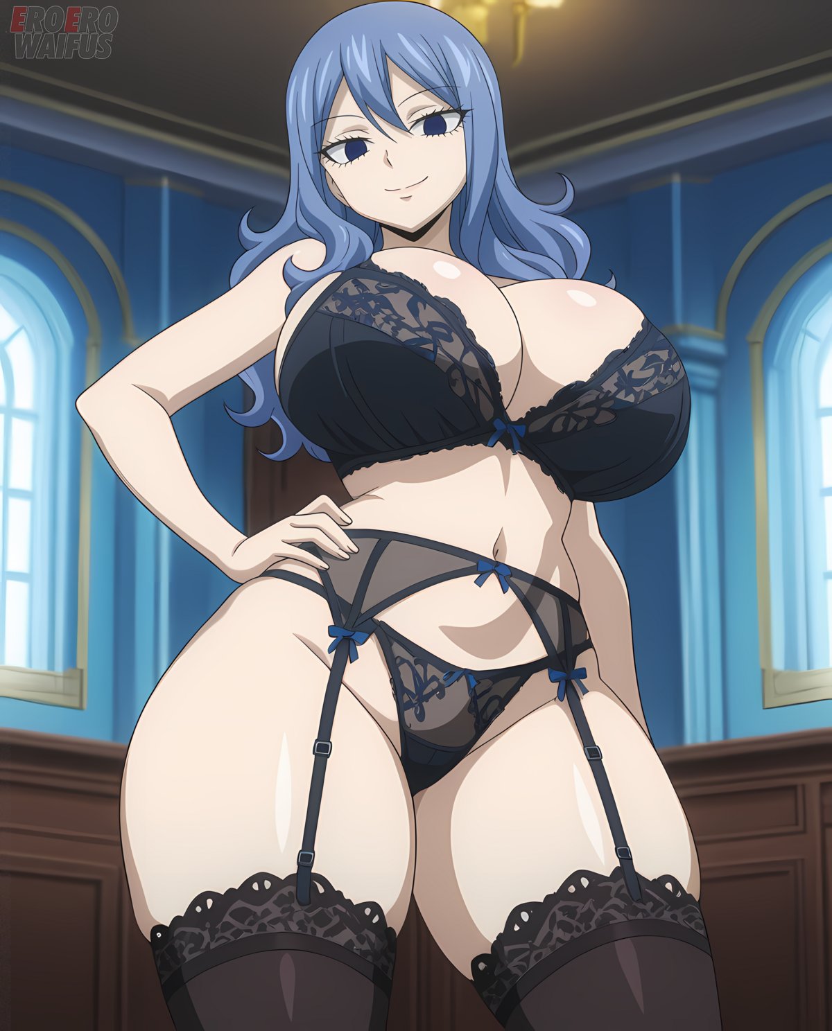 1girls, ai generated, blue eyes, blue hair, blue-haired female, bra, breasts, eroero waifus, fairy tail, female, female only, jpg, juvia lockser, lingerie, panties, stockings, tagme, twitter link, underwear