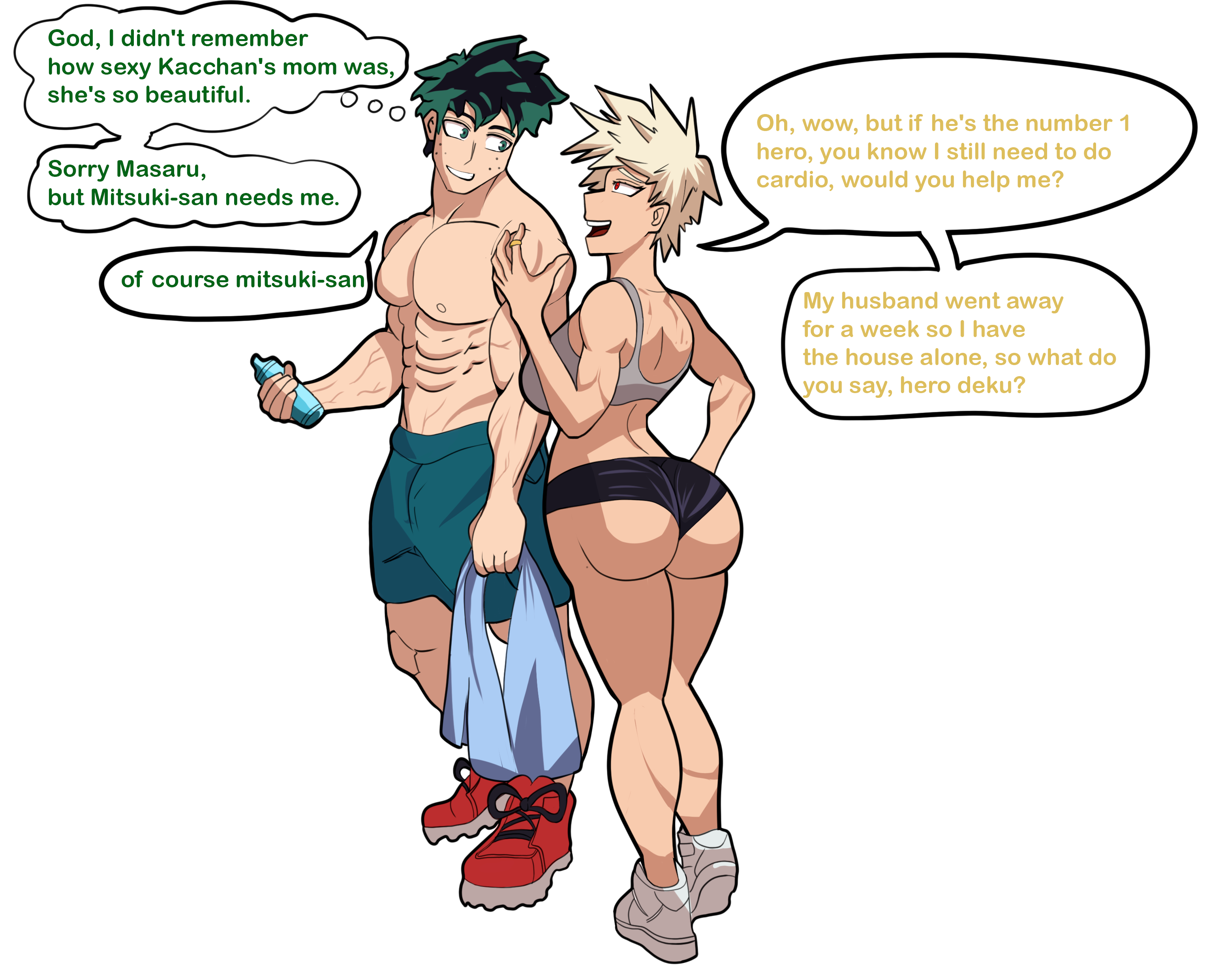 boku no hero academia, cuckold, deku, female, huge ass, izuku midoriya, male, milf, mitsuki bakugou, muscular, muscular male, my hero academia, ntr