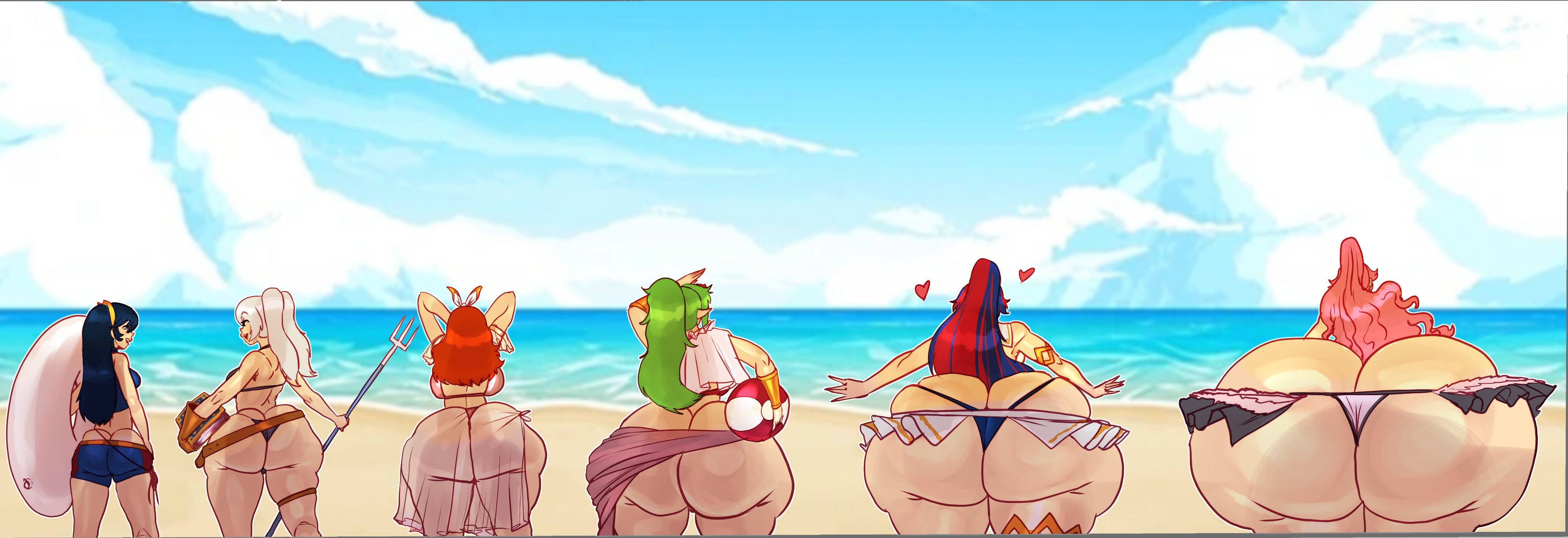 6girls, alear (female) (seaside dragon) (fire emblem), alear (fire emblem), alear (fire emblem) (female), ass, ass body, ass size difference, back view, beach, bikini, celica (fire emblem), female, female only, fire emblem, fire emblem awakening, fire emblem echoes: shadows of valentia, fire emblem engage, fire emblem heroes, flamingsanity, gigantic ass, huge ass, human, hyper, hyper ass, lucina (fire emblem), olivia (fire emblem), robin (fire emblem), robin (fire emblem) (female), tiki (fire emblem), tiki (fire emblem) (adult)