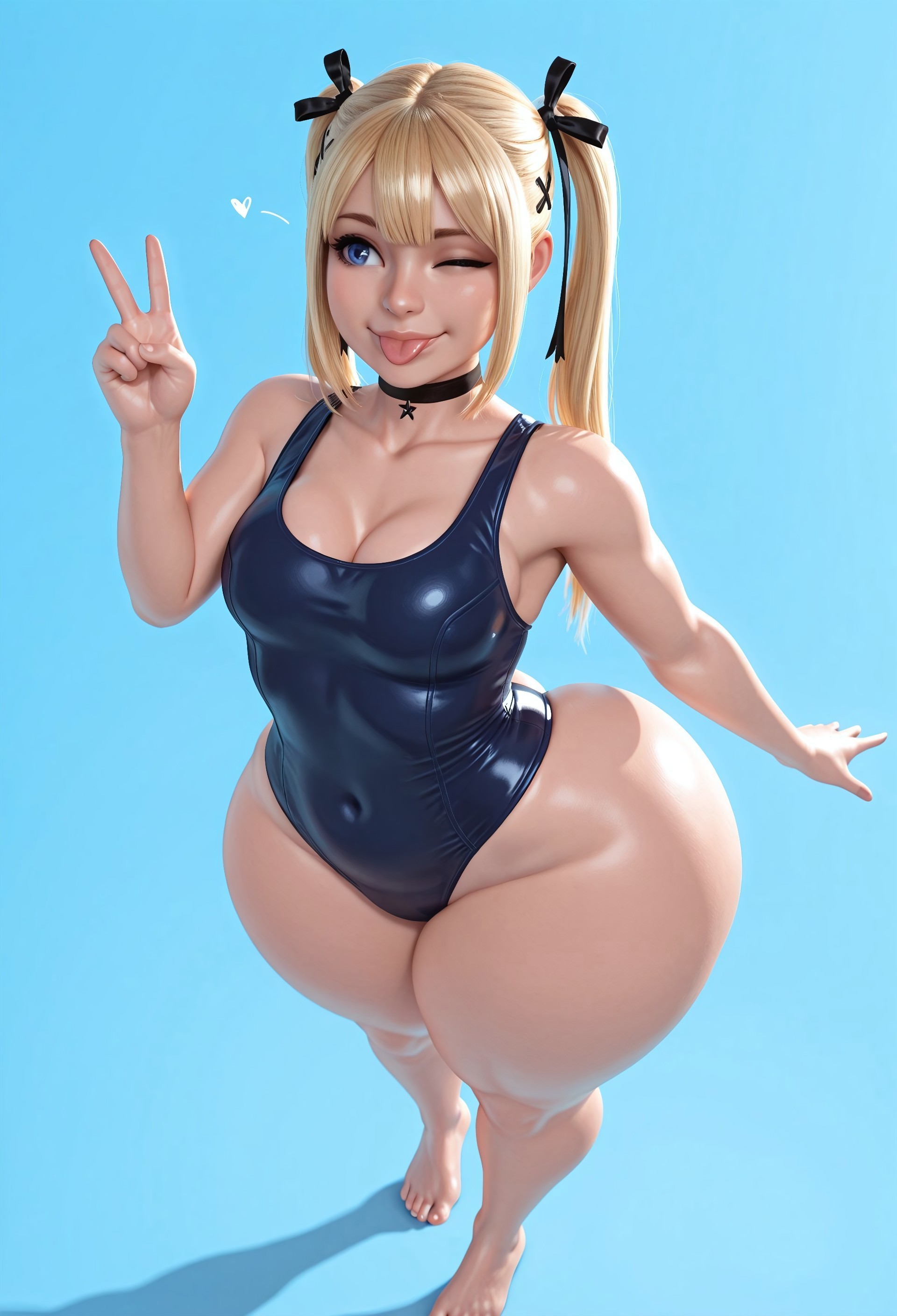 1girls, 3d, ai generated, ass, barefoot, big ass, blonde female, blonde hair, blue eyes, breasts, choker, cleavage, cute, dead or alive, female, from above, happy, hi res, high-angle view, highres, huge ass, large ass, light skin, light-skinned female, marie rose, medium breasts, numbleg, peace sign, shiny skin, simple background, skindentation, smile, solo, solo female, solo focus, swimsuit, thick thighs, twintails, wide hips