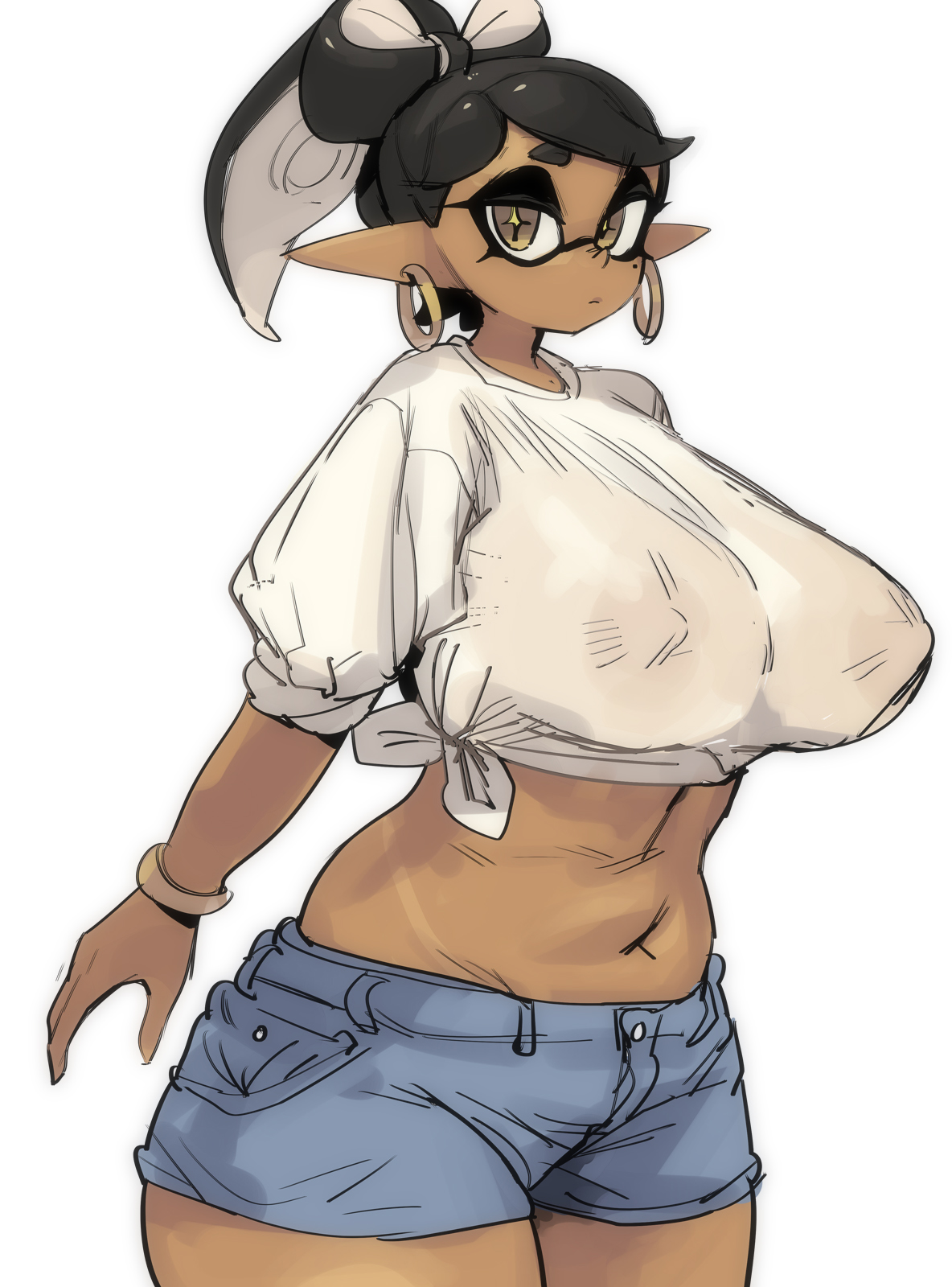 1girls, big breasts, black hair, bracelet, breasts, callie (splatoon), denim, denim shorts, domino mask, earrings, female, hoop earrings, huge breasts, inkling, inkling girl, large breasts, looking at viewer, mole, mole under eye, navel, nintendo, no bra, no bra under clothes, pointy ears, ponytail, see-through, shirt, shirt tied around waist, shirt tied up, shorts, simple background, solo, splatoon, splatoon (series), tanline, tentacle hair, thick thighs, thighs, tied shirt, white background, white shirt, yuta agc