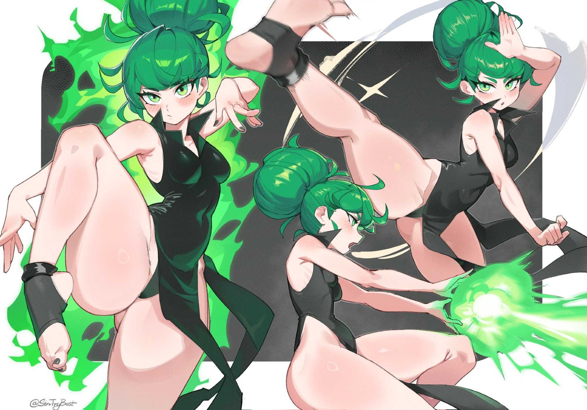blush, breasts, collared dress, dress, energy beam, female, female focus, free form, gluteal fold, green eyes, green hair, highres, leg up, looking at viewer, matching hair/eyes, medium hair, nail polish, one-punch man, sin (sintrybest), sintrybest, small breasts, solo, stirrup legwear, tatsumaki, thick thighs, thighs, toeless legwear, toenail polish, toenails