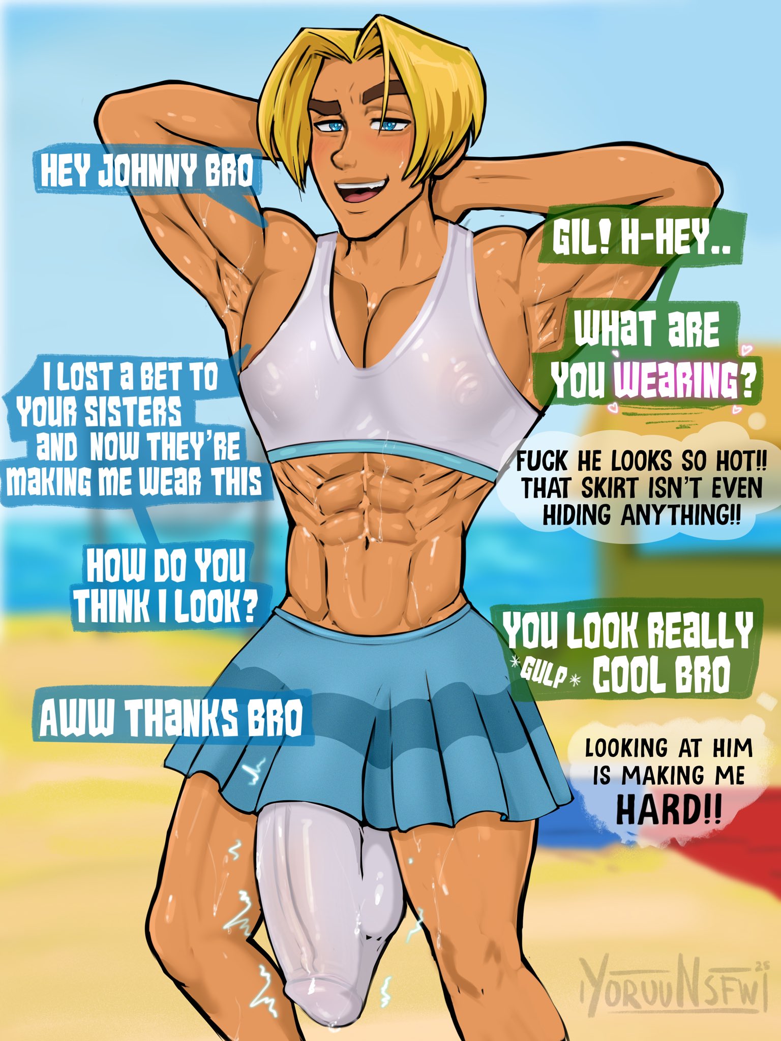 1boy, balls, beach, beachside, big balls, big bulge, big penis, blonde hair, blonde-haired male, blue clothes, blue eyes, bulge, bulge under clothes, crossdressing, english dialogue, english text, gil nexdor, hands behind head, hanging penis, human, johnny test, johnny test (series), looking at viewer, losing bet, male, male only, massive penis, muscles, muscular, muscular male, partially clothed, partially clothed male, partially nude, partially nude male, penis, penis outline, see-through, see-through clothing, see-through panties, see-through top, showing off, small clothes, smile, smiling, smiling at viewer, tank top, thoughts, throbbing penis, veiny, veiny penis, visible nipples, visible penis shape, watermark, yoruunsfw