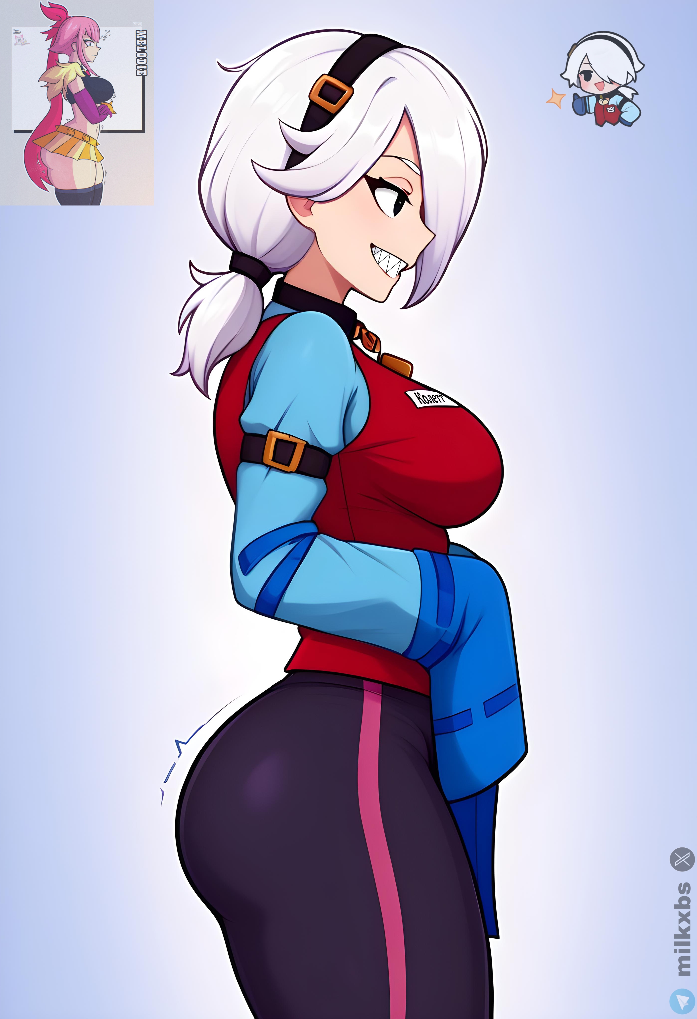 1girls, ai generated, ass, big ass, big breasts, brawl stars, breasts, choker, colette (brawl stars), female, female focus, female only, fully clothed, long sleeves, melodie (brawl stars), milkxbs, reference image, russian text, sharp teeth, simple background, tight pants, white hair