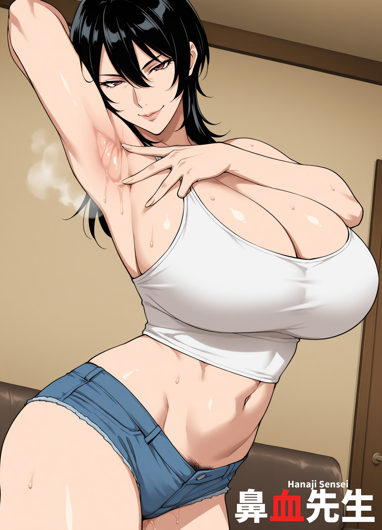 1girls, ai generated, armpit fetish, armpits, arms up, black hair, breasts, cleavage cutout, curvy, female, hanajisensei, huge breasts, mature, mature female, mature woman, micro shorts, midriff, milf, original, original character, red eyes, short shorts, slender waist, spread armpit, sweat, tank top, thick thighs, 鼻血先生