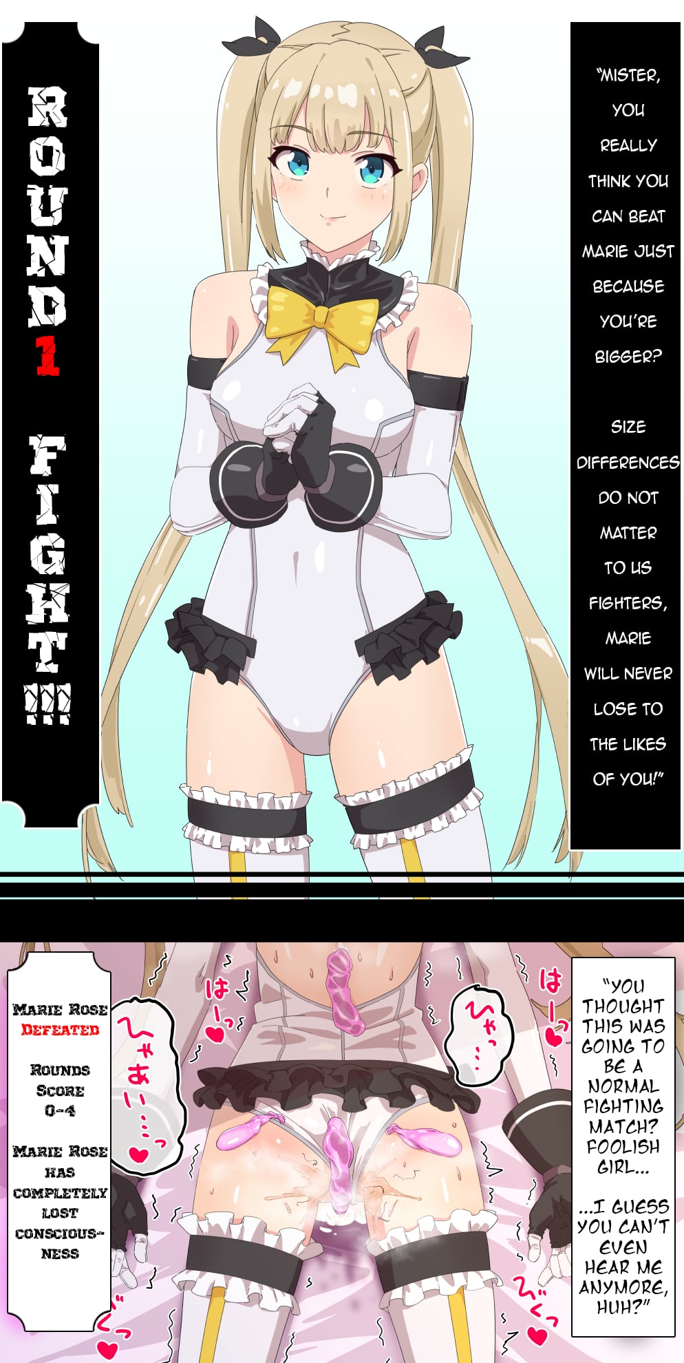 1girls, after sex, bare back, blonde hair, blue eyes, breasts, color, condom, cum, cum on body, dead or alive, defeated, defeated heroine, dialogue, english text, fainted, female, first person view, frills, full condom, gloves, hair clips, hair ornament, halterneck, humiliation, instant loss 2koma, k2ta7, legwear garter, leotard, long gloves, long sleeves, marie rose, medium breasts, on bed, ribbon, rough sex, solo, source request, stockings, text, twintails