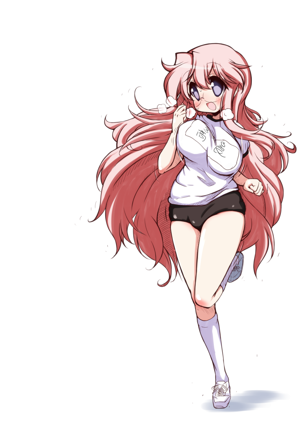 1girls big_breasts black_buruma bouncing_breasts breasts buruma female glasses gym_uniform long_hair looking_at_viewer lucky_star miyuki_takara mizushima_(p201112) pink_hair running simple_background solo white_background