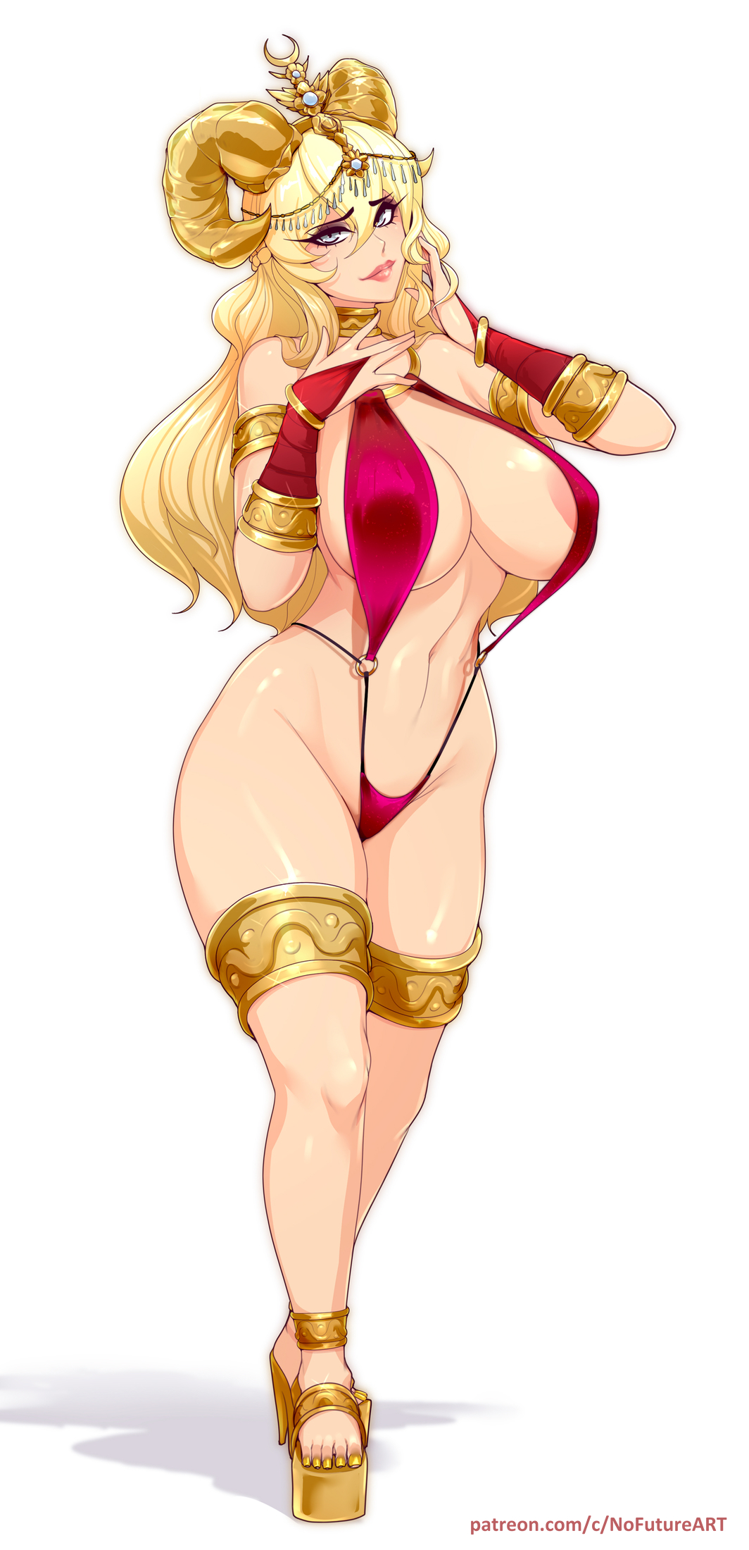 1girls, areola slip, big breasts, blonde hair, blue eyes, breasts, commission, curved horns, elysia (waifulover007), female, female only, full body, gauntlets, heels, hi res, high heels, horns, jewelry, long hair, looking at viewer, nofuture, sling bikini, smiling, smiling at viewer, solo, thick thighs, white background