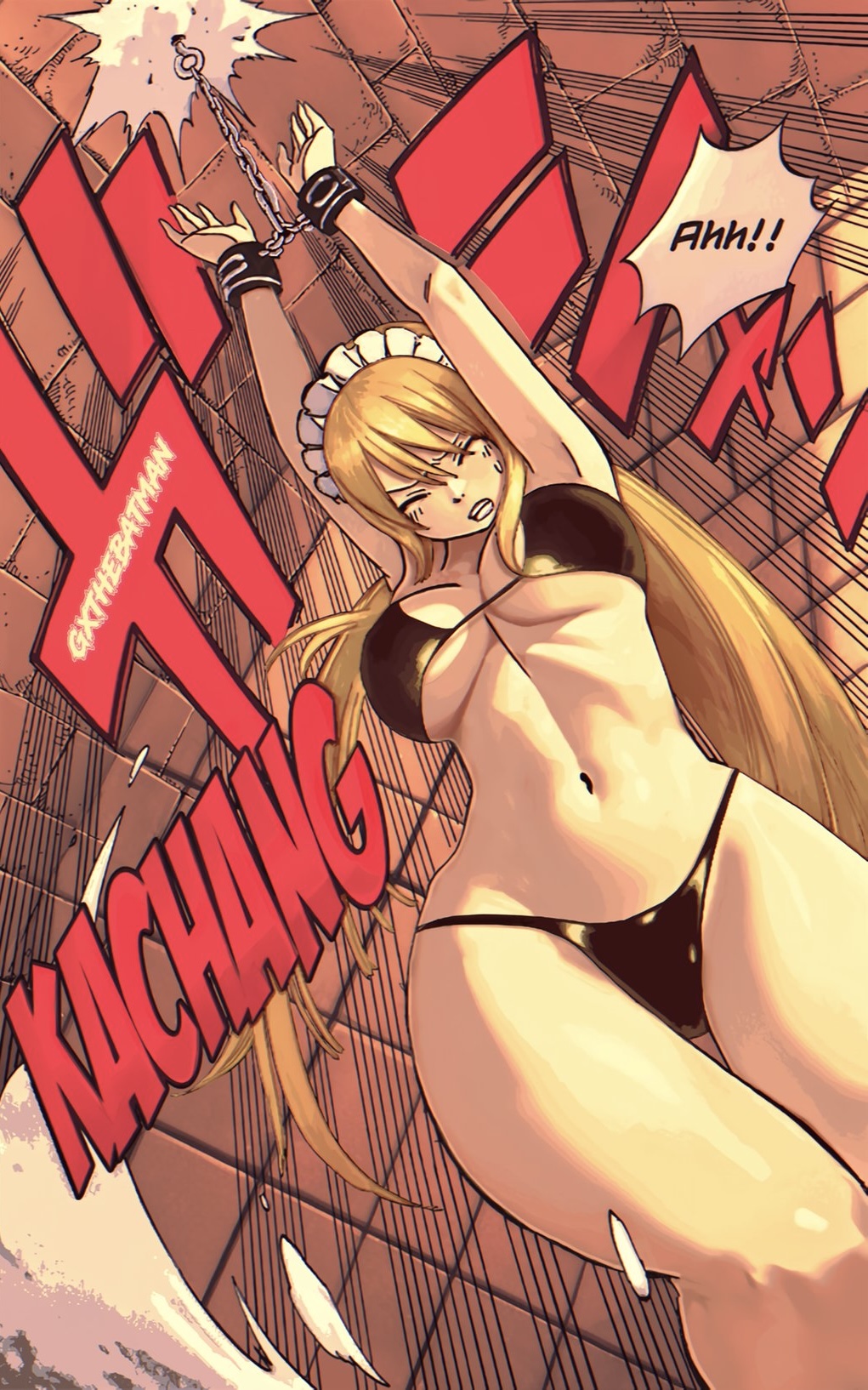 1girls, blonde hair, blonde-haired female, bondage, cuffs, fairy tail, female, gxthebatman, lucy heartfilia, text