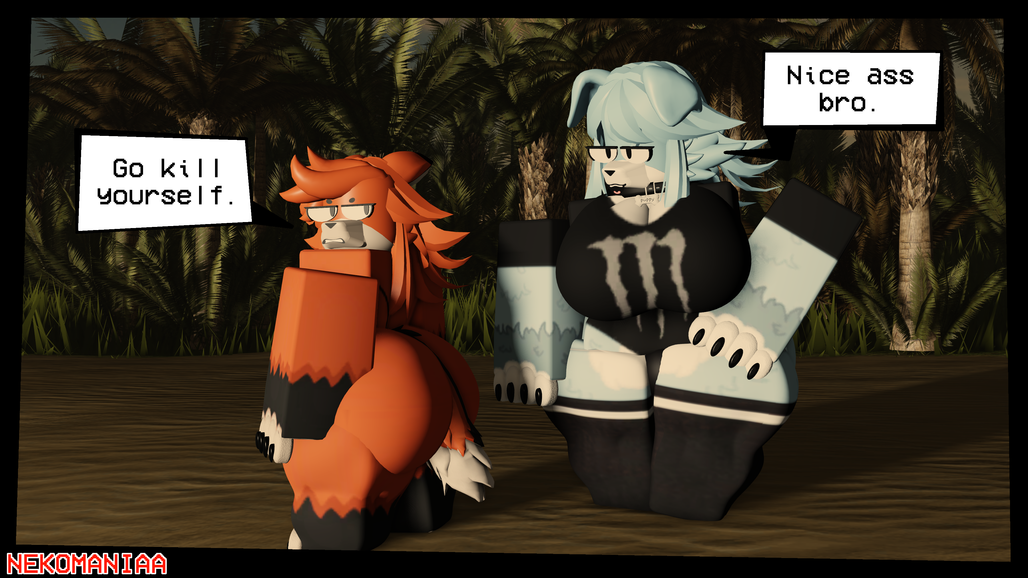 1boy, 1girls, 3d, annoyed, artist name, ass, ass focus, beach, big ass, blue fur, breasts, canine, clothed female, english text, female, flirting, floppy ears, fox, furry, furry only, male, male/female, nekomaniaa, outdoors, roblox, roblox avatar, robloxian, self upload, speech bubble, text, thick thighs, thighs, thong