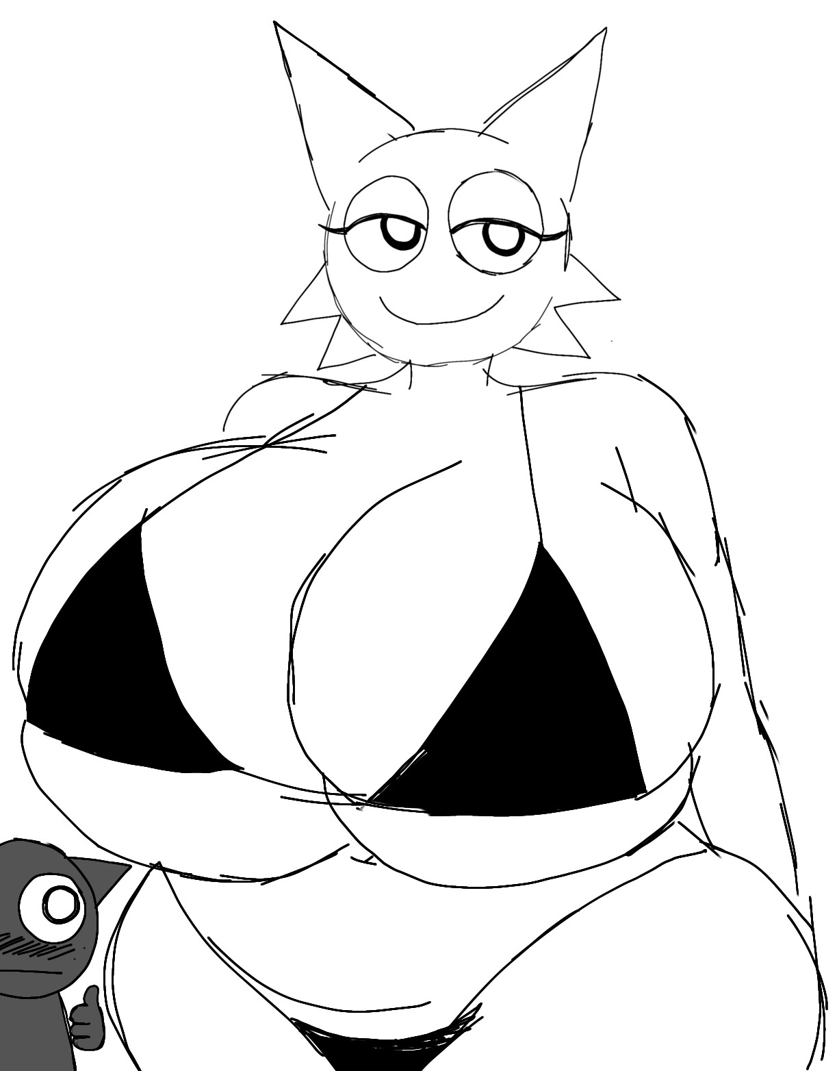 1boy, 1boy1girl, 1girls, big ass (female), big breasts, bikini, blush, breasts, breasts bigger than head, chilling, female, gray (sprunki), grey body, grey fur, looking at breasts, looking at partner, male, momiji (artist), sprunki, thumbs up, wenda (sprunki), white (sprunki), white background, white body