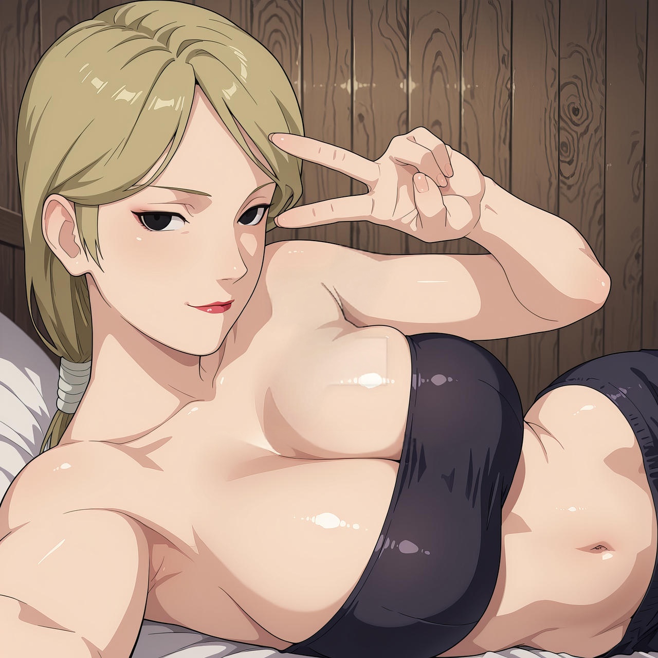 1girls, ai generated, arm support, athletic female, bare shoulders, black eyes, blonde hair, breasts, cleavage, female, female only, indoors, lazeai, lipstick, long hair, looking at viewer, lying on bed, lying on side, makeup, mature, mature female, midriff, naked, naruto, naruto (series), naruto shippuden, nii yugito, nude, nude female, pants, peace sign, ponytail, selfie, smile, solo, solo focus, taking selfie, tied hair, tube top, uncensored, voluptuous, voluptuous female