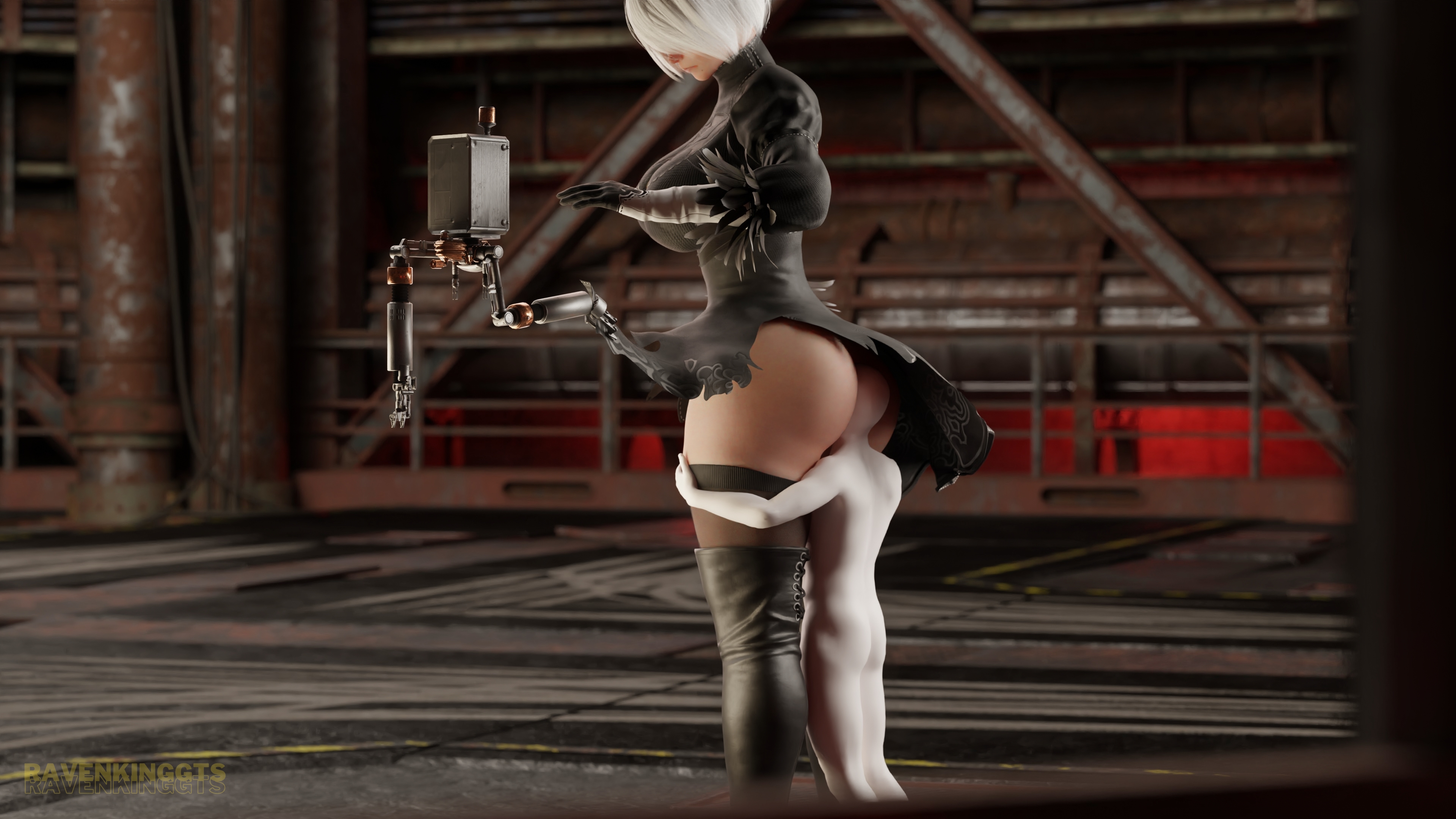 1boy, 1girls, 3d, anon, anonymous male, ass, big ass, big breasts, breasts, clothing, face in ass, female, giantess, light skin, light-skinned female, macro, male, micro, nier, nier: automata, ravenkinggts, ripped clothing, short hair, size difference, thighhighs, torn clothes, white hair, yorha 2b