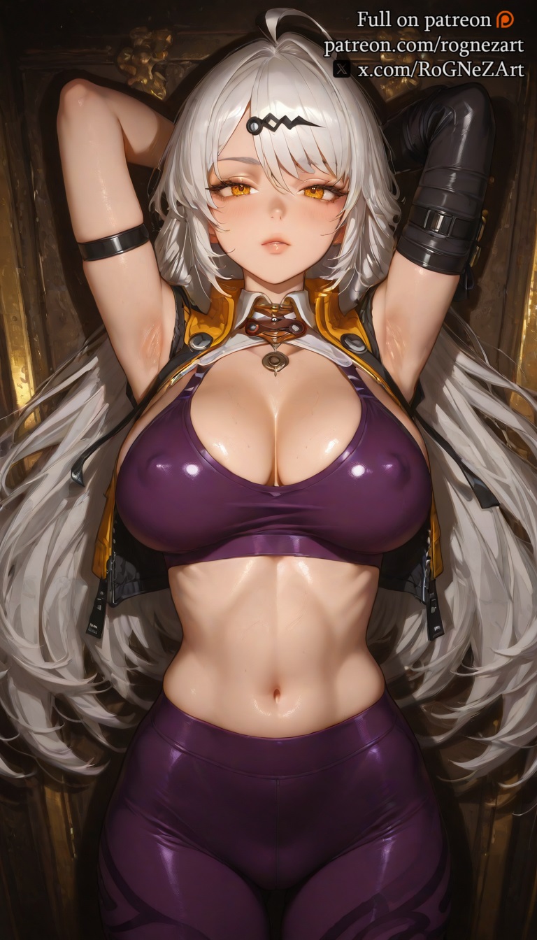 1girls, absurdres, ahoge, ai generated, arm at side, ass visible through thighs, bottomless, breasts, collarbone, colored pubic hair, commentary request, disembodied hand, female, female only, female pubic hair, frilled sleeves, groin, groping, hair between eyes, hair ornament, hairclip, hand up, highres, jacket, korean commentary, korean text, large breasts, long hair, long sleeves, looking at viewer, lying, naked jacket, navel, nipples, on back, open clothes, open jacket, open mouth, pubic hair, puff of air, pussy, rognezart, s breast, shadow, simple background, solo focus, speech bubble, stomach, straight, sweatdrop, translation request, uncensored, wavy hair, white background, white hair, white pubic hair, yellow eyes, yellow jacket, yixuan (zenless zone zero), yunkui summit, zenless zone zero