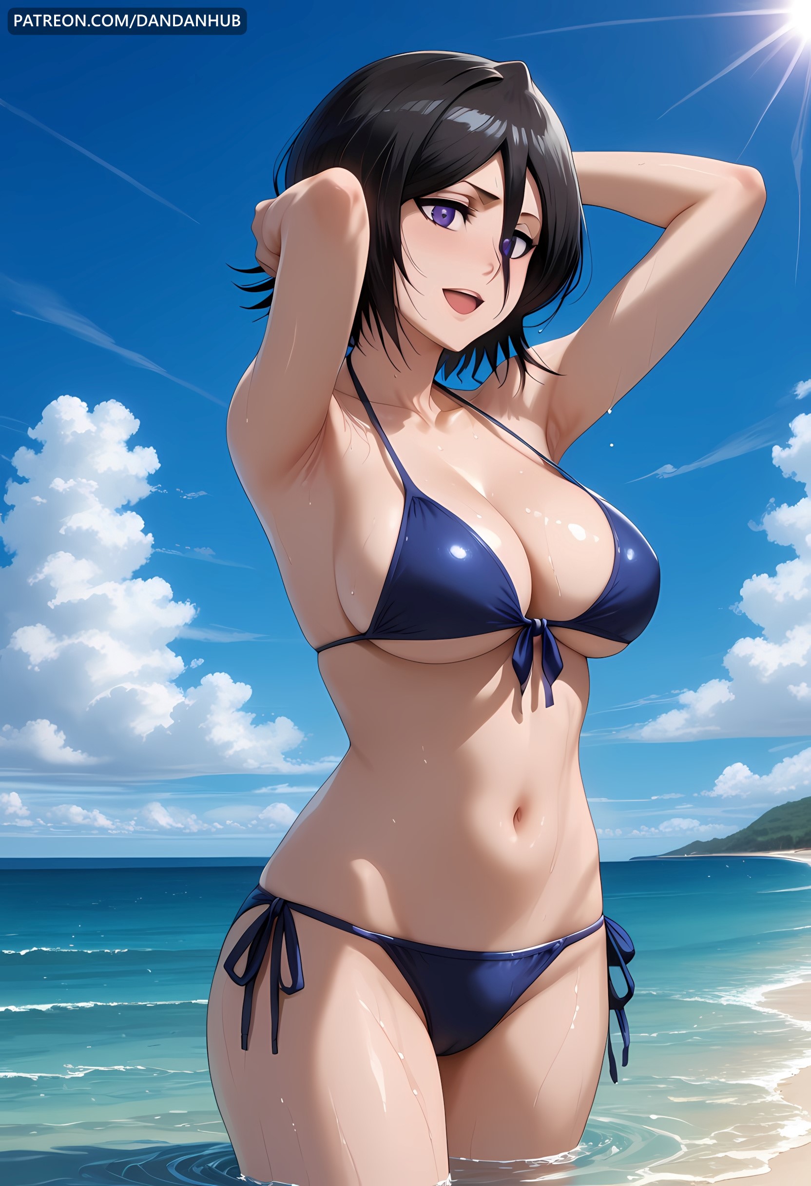 ai generated, armpits, arms behind head, arms up, bangs, beach, bikini, black hair, bleach, bleach: the thousand-year blood war, blue bikini, blue sky, breasts, cleavage, cloud, collarbone, dandanhub, day, female, female only, front-tie bikini top, front-tie top, hair between eyes, halterneck, kuchiki rukia, large breasts, looking at viewer, navel, ocean, open mouth, outdoors, purple eyes, short hair, side-tie bikini bottom, sky, smile, solo, stomach, string bikini, swimsuit, wading, water, wet