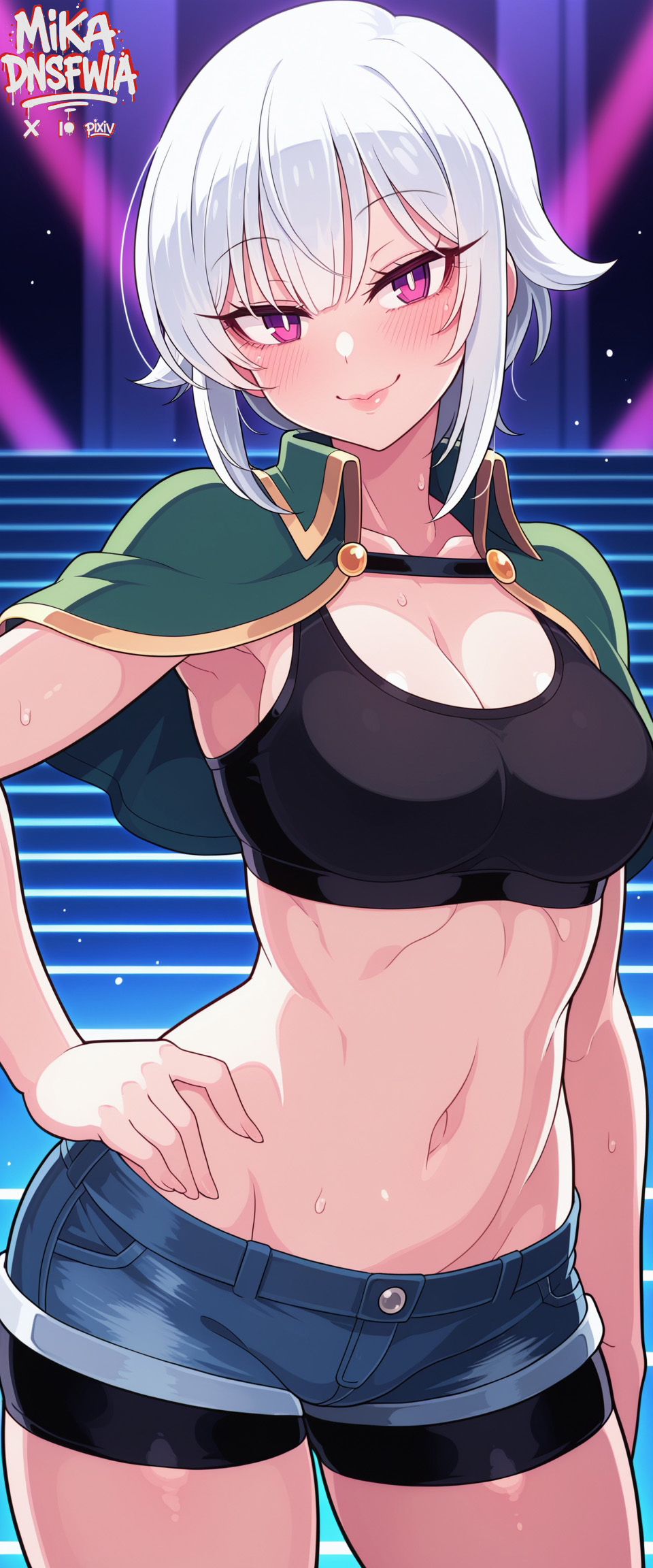 1girls ai_generated bike_shorts_under_shorts black_sports_bra breasts chris_(konosuba) cleavage cowboy_shot denim_shorts female green_capelet hand_on_own_hip head_tilt kono_subarashii_sekai_ni_shukufuku_wo! lips looking_at_viewer mature_female medium_breasts navel purple_eyes seductive_smile short_hair solo thick_lips white_hair