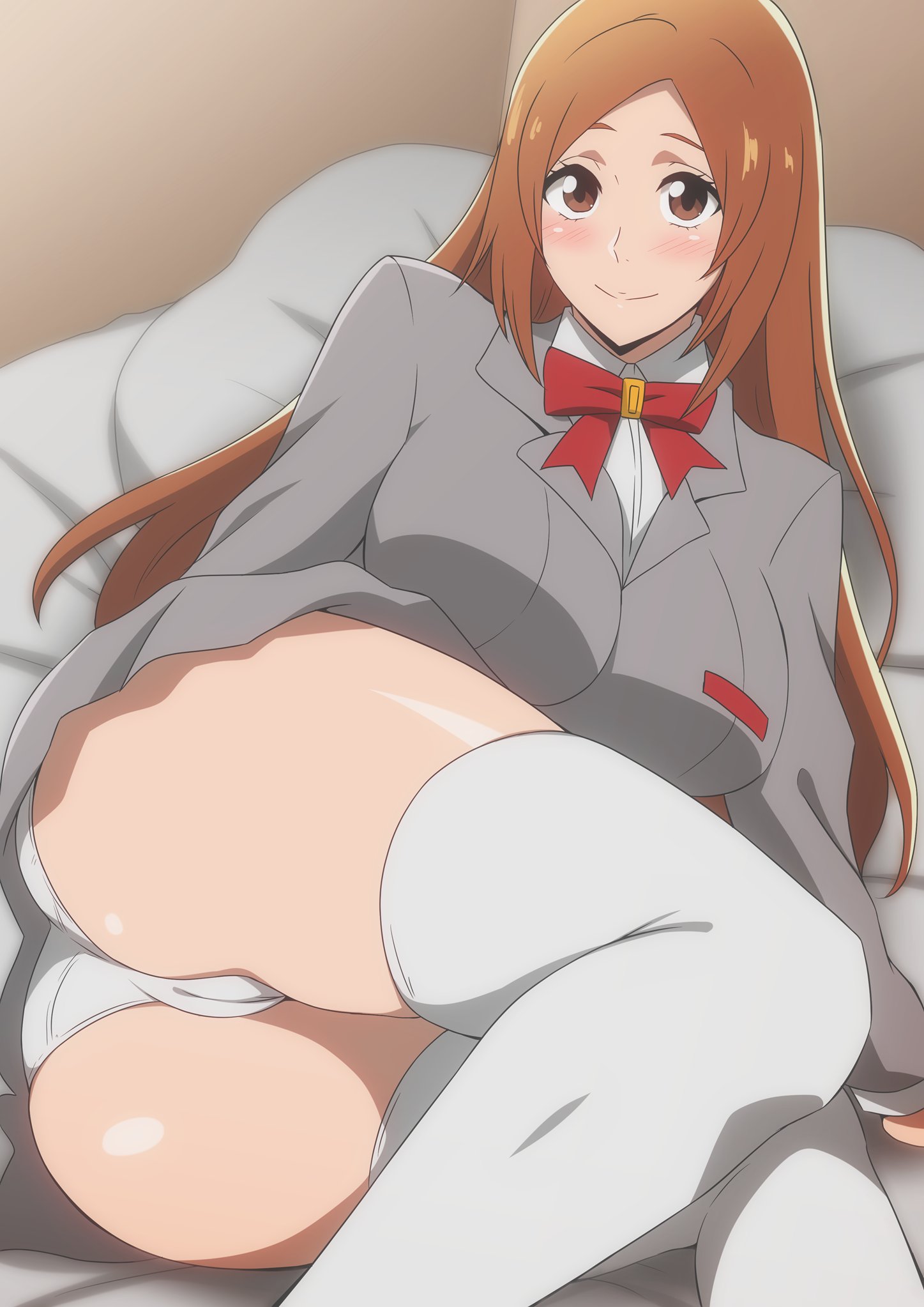 1girls, ass, ass focus, big ass, big breasts, bleach, blush, breasts, brown eyes, cleavage, female, female focus, female only, footwear, hara (harayutaka), inoue orihime, large breasts, light skin, light-skinned female, long hair, looking at viewer, miniskirt, orange hair, orange-haired female, panties, school uniform, schoolgirl, solo, solo focus, thick thighs, thighhighs, uncensored, underwear, white legwear, white panties, white stockings, wide hips