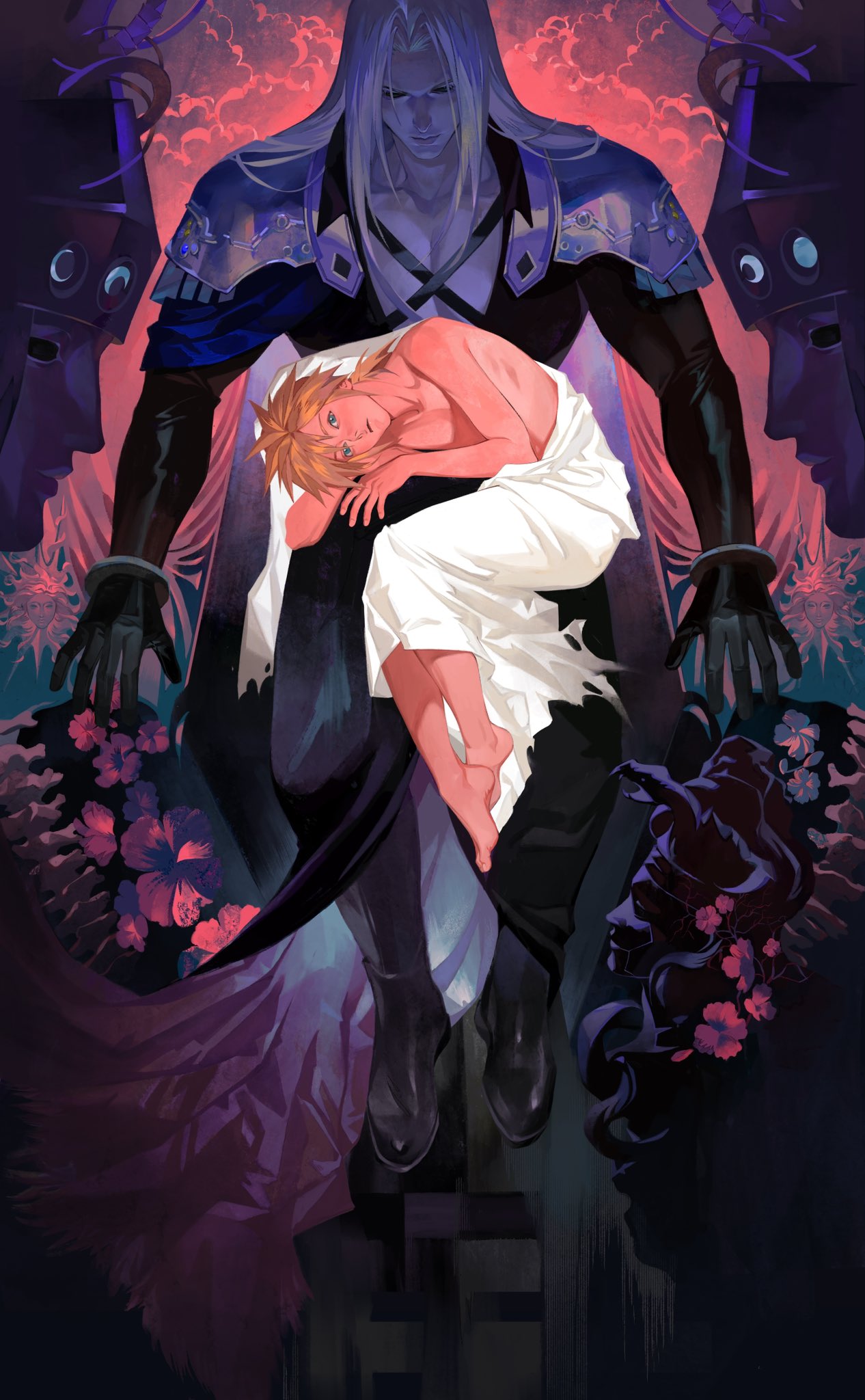 2boys, alina99liang, artistic, blonde hair, blue eyes, clothed, cloud strife, color, detailed background, final fantasy, final fantasy vii, gay, jenova, long hair, male, male/male, no sex, partially clothed, sephiroth, size difference, spiky hair, tagme, villain, yaoi