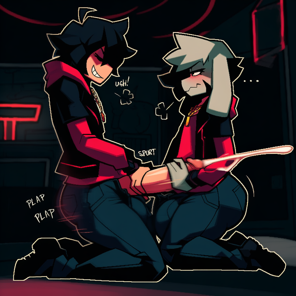 2boys, 2male, ai generated, annoyed expression, anthro, asriel dreemurr, asriel dreemurr (god form), asriel dreemurr (underfell), balls, balls bulge, big balls, big penis, blush, chara (underfell), chara (undertale), clothed, dark, dusttale, femboy, feminine male, furrowed eyebrows, furry, gay, gay handjob, grin, handjob, hi res, high contrast, highres, hoodie, huge balls, huge cock, hung femboy, jeans, jitome, kneeling, long penis, male, male/male, masturbating other, masturbation, masturbation onto another, mature, motion blur, novelai, open pants, penis, penis bulge, puff of air, punk, shooting cum, smooth skin, sound effects, speech, storyshift asriel, storyshift chara, text, thick eyelashes, thick hips, thick outline, thick outlines, thick penis, thick thighs, undertale, undertale (series), undertale au, well endowed, youreyesonly