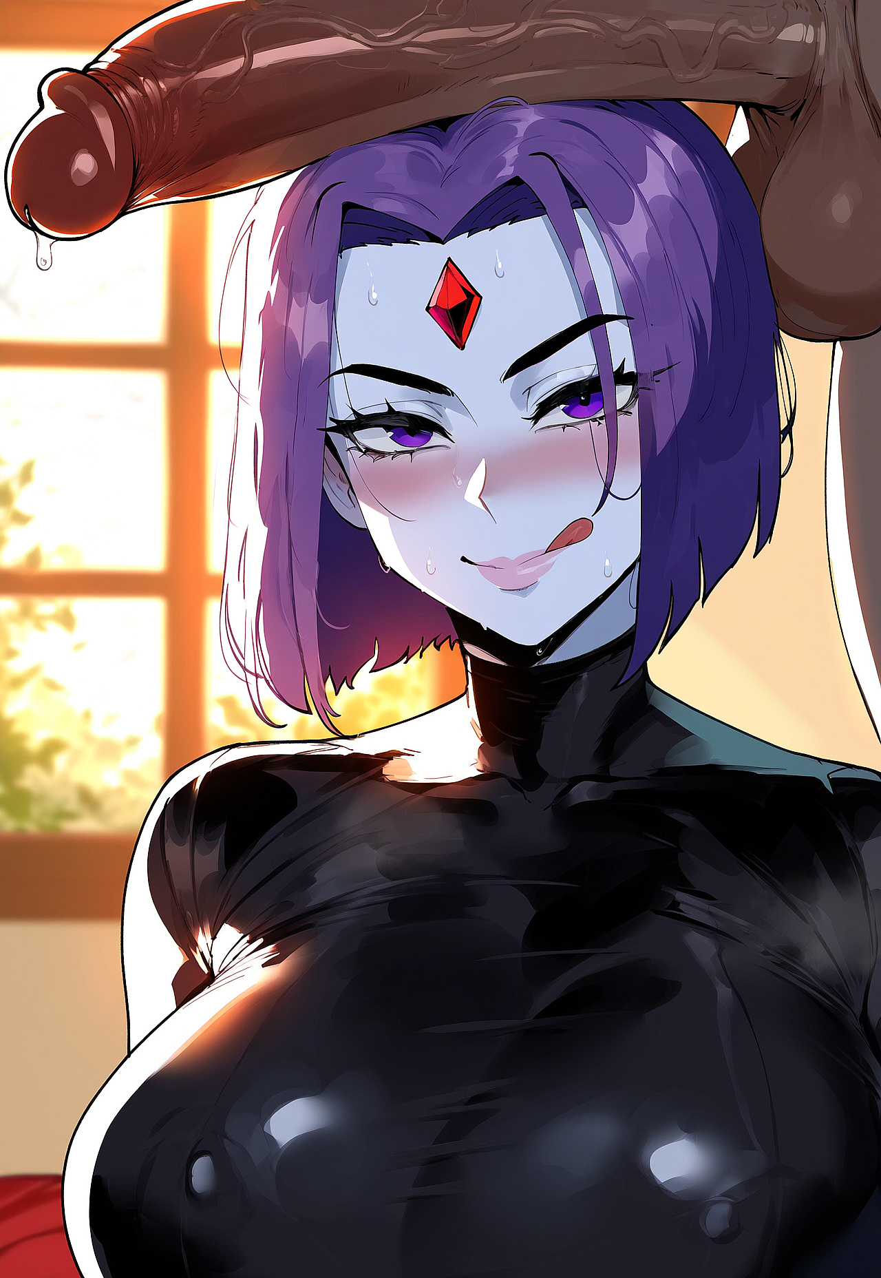 1girls, ai generated, ass, big breasts, breasts, dark penis, dark skin, dark-skinned male, dc, dc comics, enormous breasts, female, female focus, huge ass, huge breasts, indoors, interracial, juuicyai, large breasts, looking at viewer, looking pleasured, male, male/female, penis, purple eyes, purple hair, raven (dc), short hair, thick thighs, thighs, twintails, wide hips