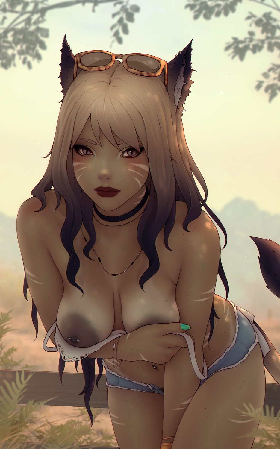 1girls 2025 accidental_exposure animal_ears aqua_nails arm_between_legs arm_markings blurry_background bra_down bracelet breasts brown_hair cat_ears cat_tail catgirl choker covering_self cutoffs dark-skinned_female dark_areola dark_hair dark_nipples dark_skin day denim_shorts eyeliner eyeshadow eyewear_on_head facial_mark female female_focus female_only final_fantasy final_fantasy_xiv freckles grey_eyes hi_res hotpants jewelry large_areolae large_breasts leaning_forward light_blush light_hair long_hair long_nails looking_at_viewer makeup medium_breasts miqo'te nail_polish navel navel_piercing nipple_piercing nipples one_breast_out original_character outdoors piercing piercings pubic_hair_peek red_lips red_lipstick sagging_breasts short_shorts slit_pupils soranamae square_enix swept_bangs tail two_tone_hair warrior_of_light_(ff14) whisker_markings