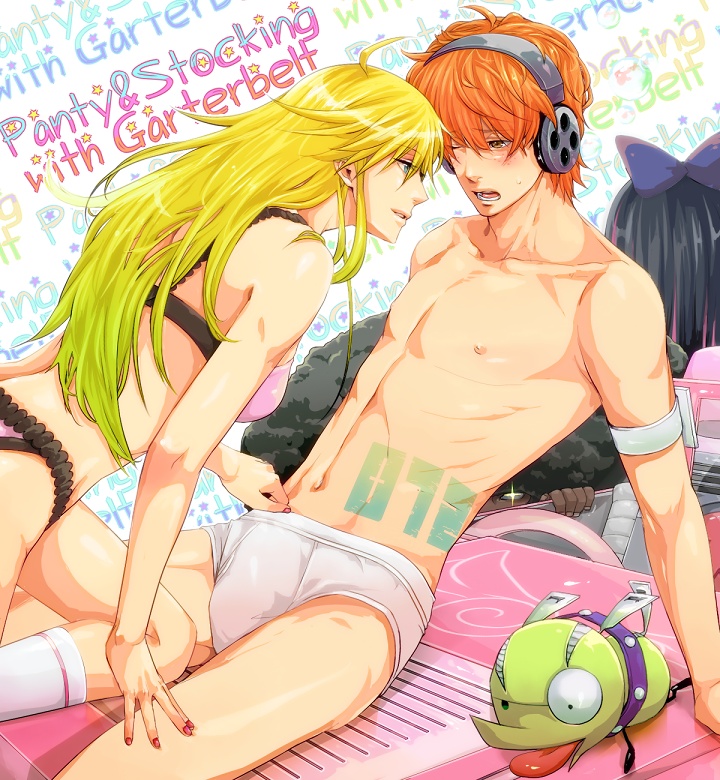 2boys 2girls abs afro background_text blonde_hair blush bodypaint bow bra briefers_rock briefs c_a_d chuck_(psg) collarbone color femdom freckles garterbelt garterbelt_(psg) hairbow headphones knee_socks kneehighs kneesocks lingerie male_underwear malesub multiple_boys multiple_girls nail_polish no_pants orange_hair panties panty_&_stocking_with_garterbelt panty_anarchy see-through shirtless socks stocking_anarchy straight underwear vehicle when_you_see_it white_socks