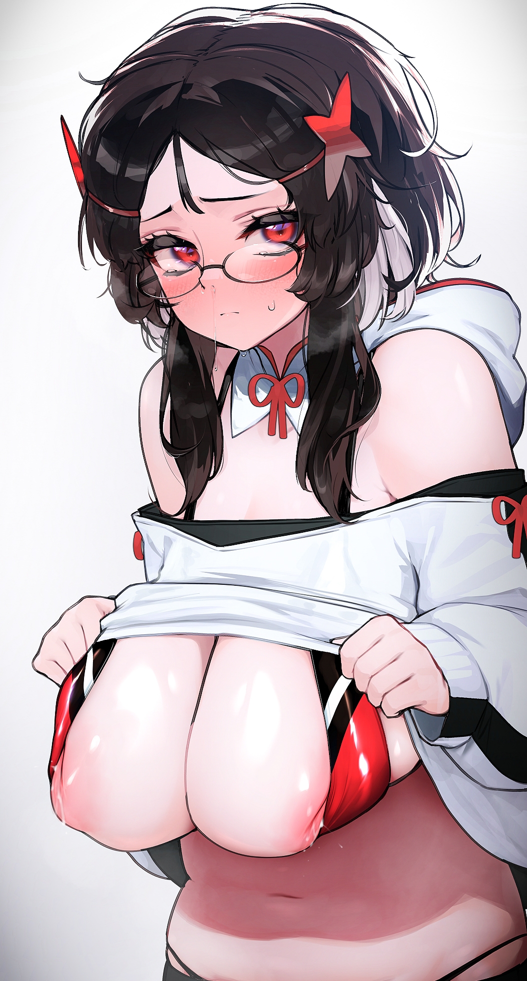 1girls, 2022, areola, areola slip, areolae, bare shoulders, belly, belly button, big breasts, big eyes, bikini, blush, breasts, brown hair, chubby, cleavage, eye contact, eyelashes, eyewear, female, female only, g-string, glasses, hair ornament, hairclip, hizake, huge breasts, kashu (hizake), lactating, lactation, large breasts, light skin, light-skinned female, looking at viewer, milk, milking, mozu (hizake), navel, nipple slip, nipples, oc, off shoulder, original, original character, overflowing breasts, plain background, red eyes, sagging breasts, shiny hair, shiny skin, shirt lift, shirt pull, shirt up, sideboob, sidelocks, simple background, snot, solo, solo female, streaked hair, sweatdrop, thong, thong bikini, underboob, upper body, voluptuous, white background, wide eyed
