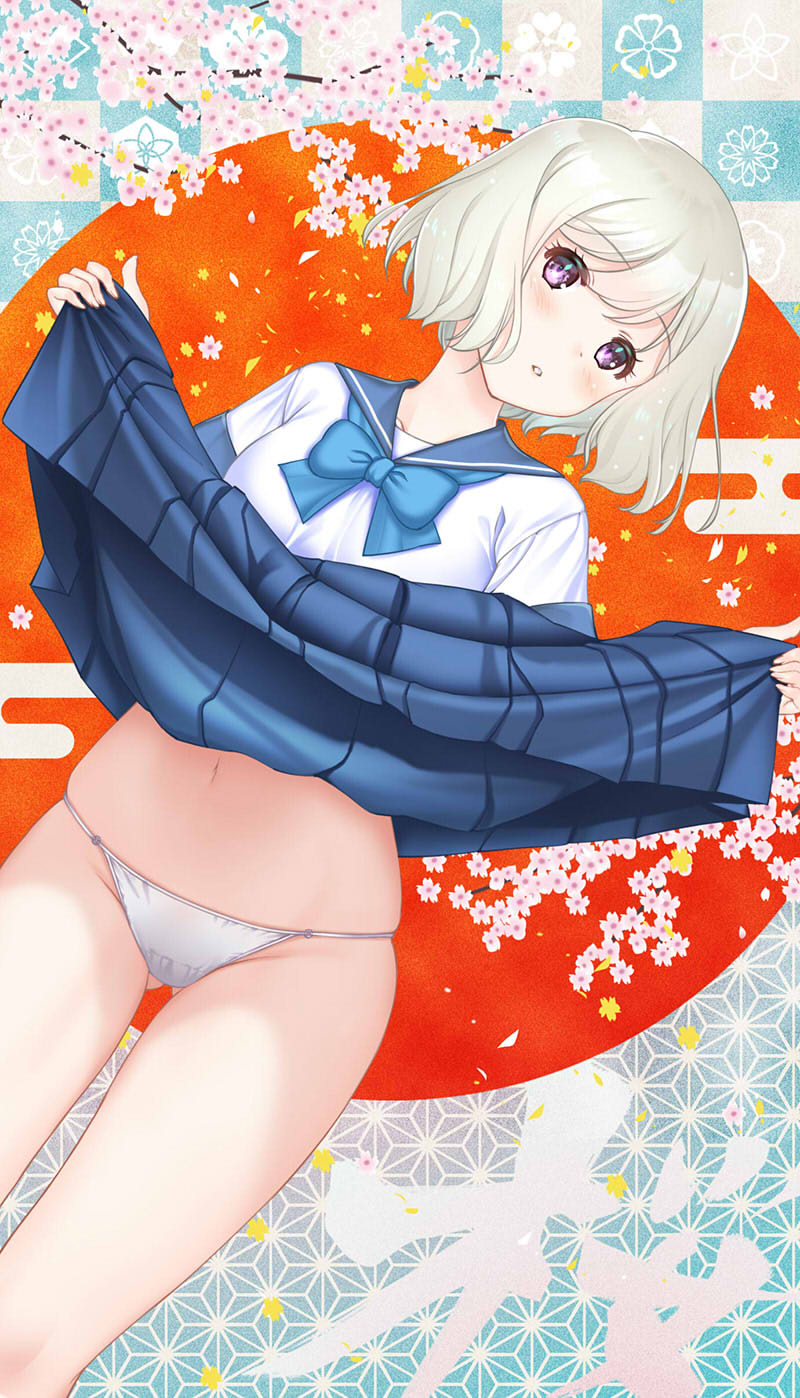 1girls bare_legs blue_ribbon blue_skirt blush cherry_blossoms eyebrows_visible_through_hair female female_only flower hataraki_kuma looking_at_viewer navel open_mouth original original_character pleated_skirt ribbon school_uniform seifuku short_hair skirt_lift skirt_up solo solo_female thighs underwear white_hair white_shirt white_underwear