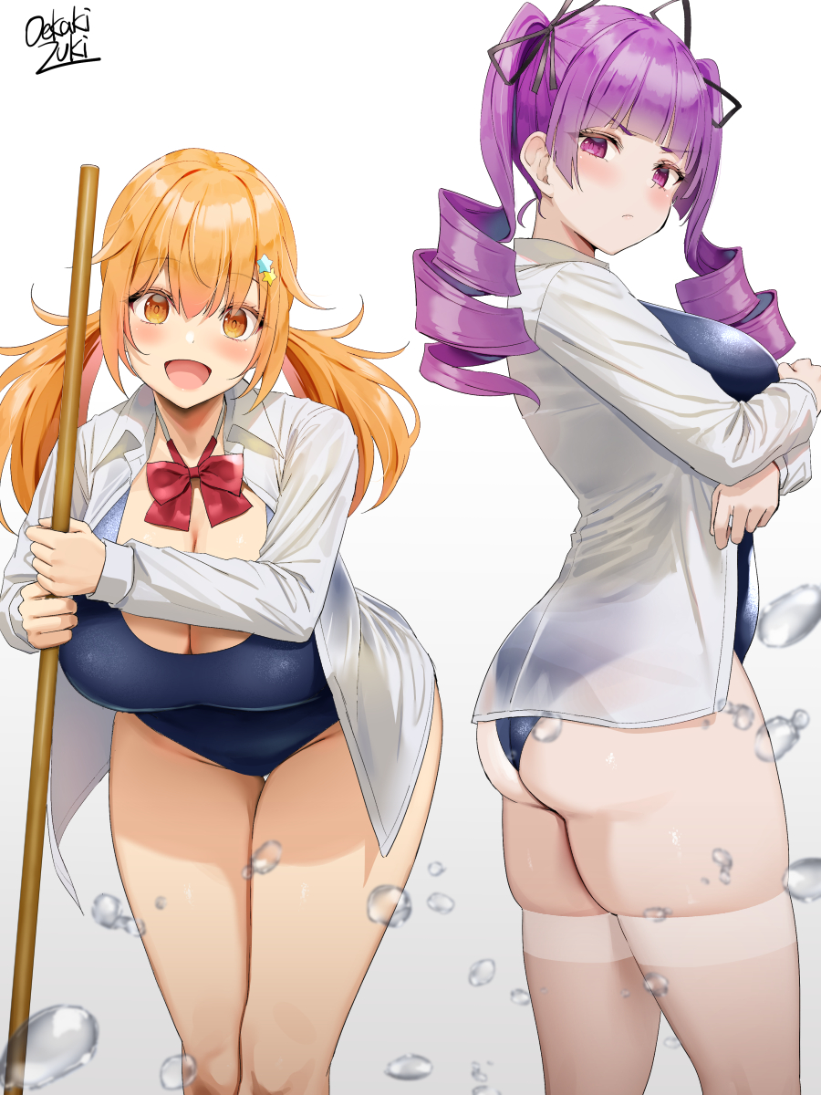 2022, 2girls, artist signature, ass, blush, breasts, cleavage, competition swimsuit, drill hair, female, female only, hips, huge breasts, large ass, leaning forward, long hair, oekakizuki, one-piece swimsuit, open shirt, orange eyes, orange hair, original, original character, purple eyes, purple hair, school swimsuit, short, simple background, skindentation, slim waist, smile, swimsuit, thick thighs, thighhighs, thighs, twintails, wet shirt, white shirt, wide hips
