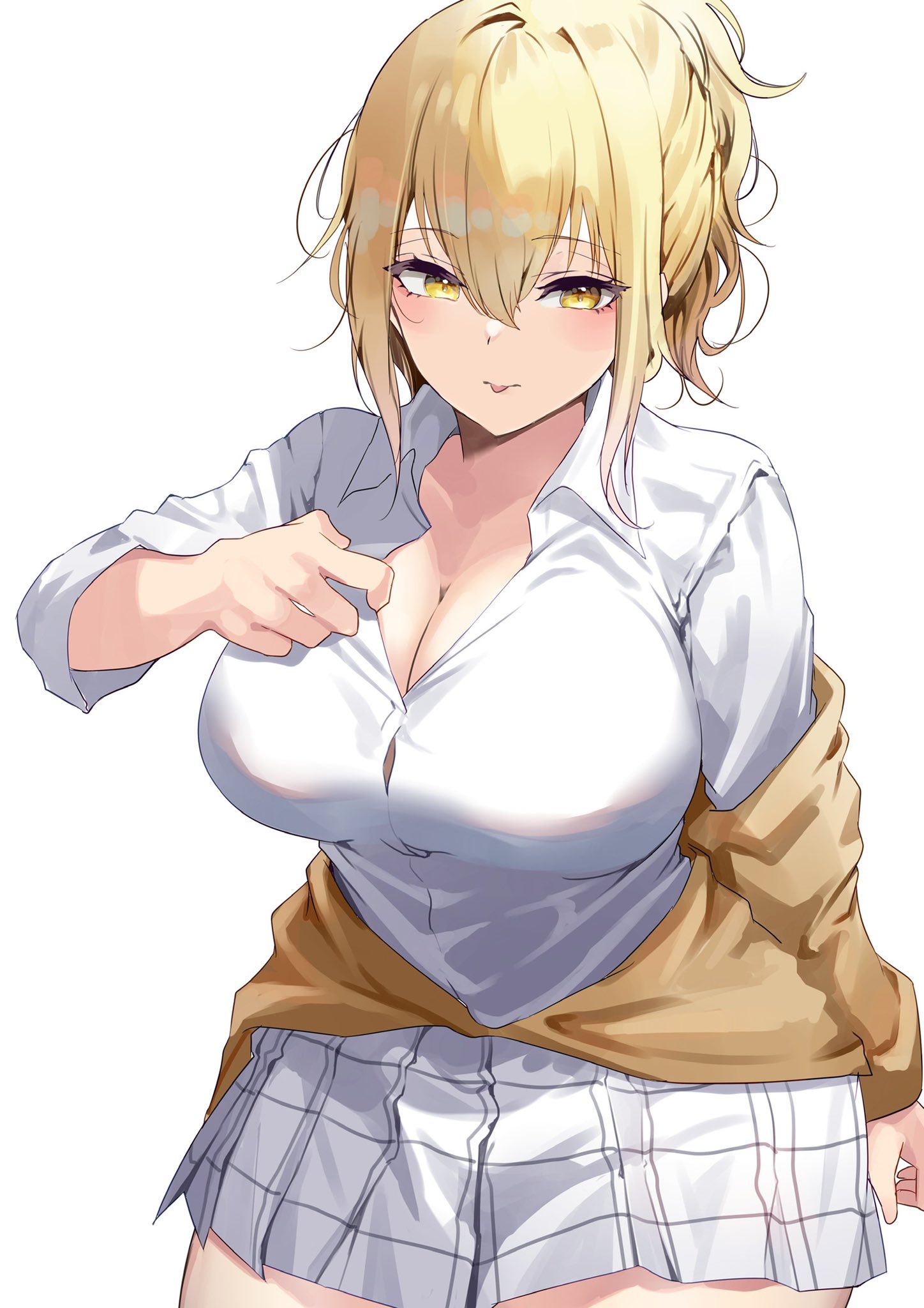 amber eyes, big hips, blonde hair, breasts, busty, female, fully clothed, hand on breast, hips, intermammary cleft, large breasts, love live!, love live! nijigasaki high school idol club, miyashita ai, no bra, ponytail, school uniform, short skirt, skirt, sticking out tongue, tagme, thick thighs, thighs, tight clothing, tongue, tongue out, white background, yamasonson