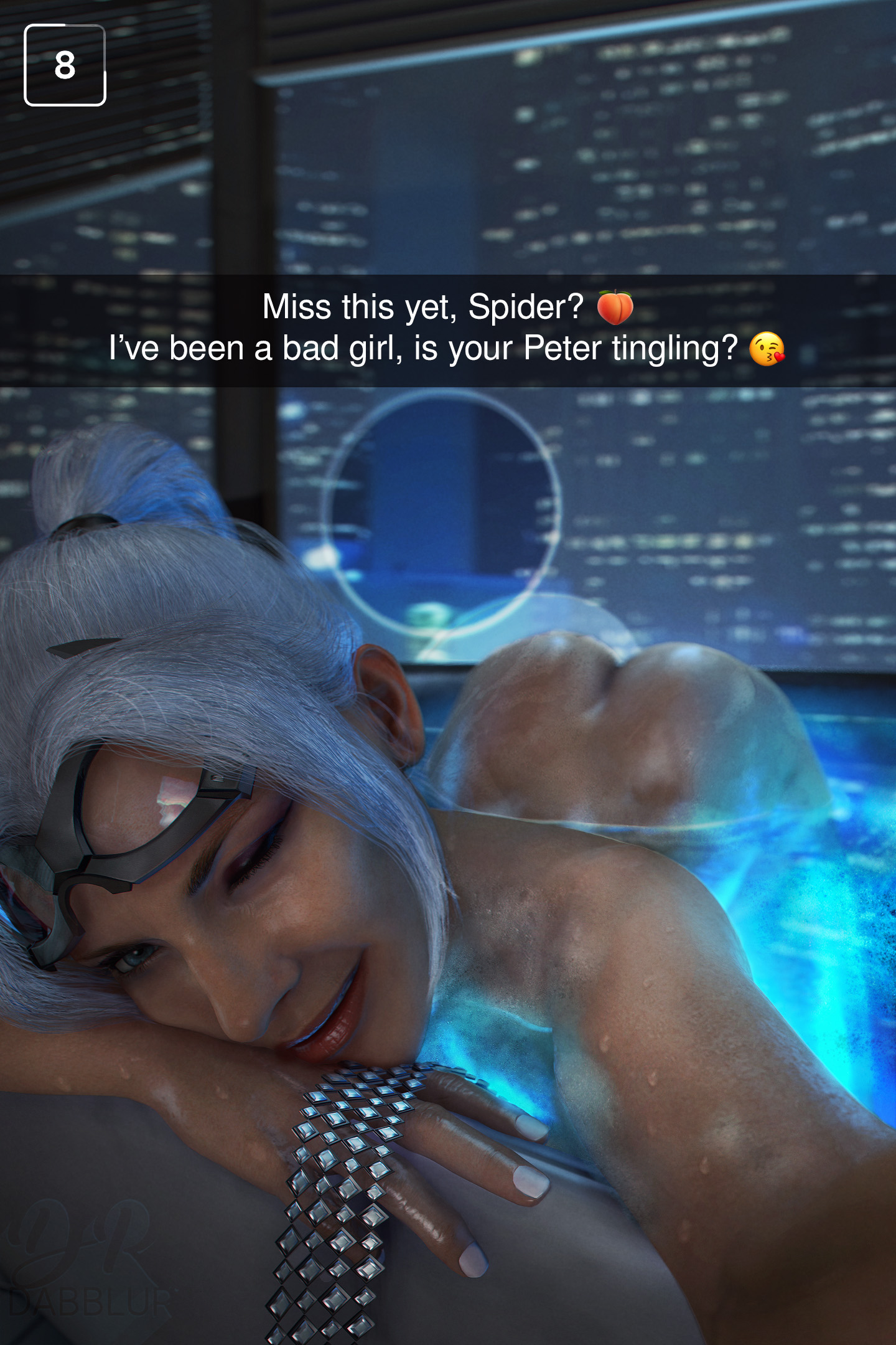 1girls, 3d, ass, big ass, black cat (insomniac), black cat (marvel), completely naked, completely nude, drdabblur, felicia hardy, female, female only, marvel, marvel comics, nude, nude female, selfie, snapchat, solo, source filmmaker, spider-man (ps4), spider-man (series), text